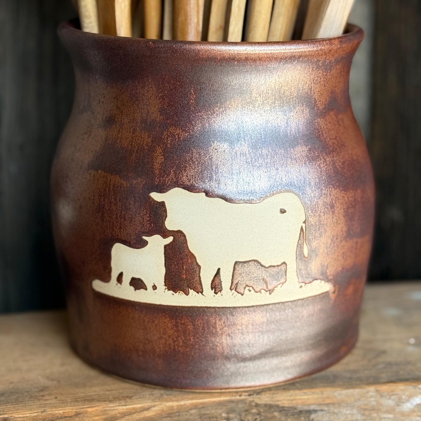 Kitchen Utensil Crock, spoon rest and Oil Bottle - Copper Cattle