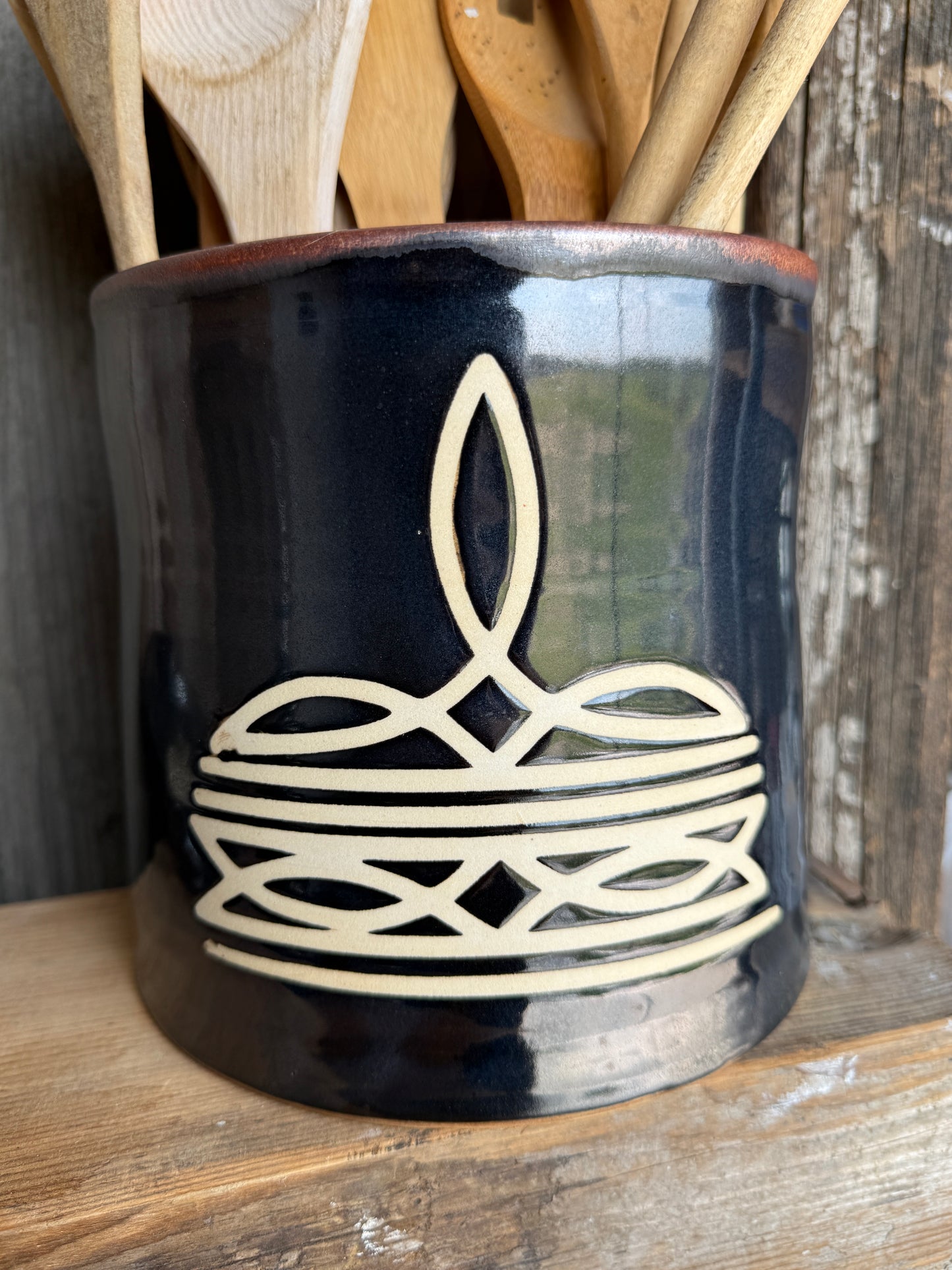 Kitchen Utensil Crock, spoon rest and Oil Bottle - gunmetal boot stitch