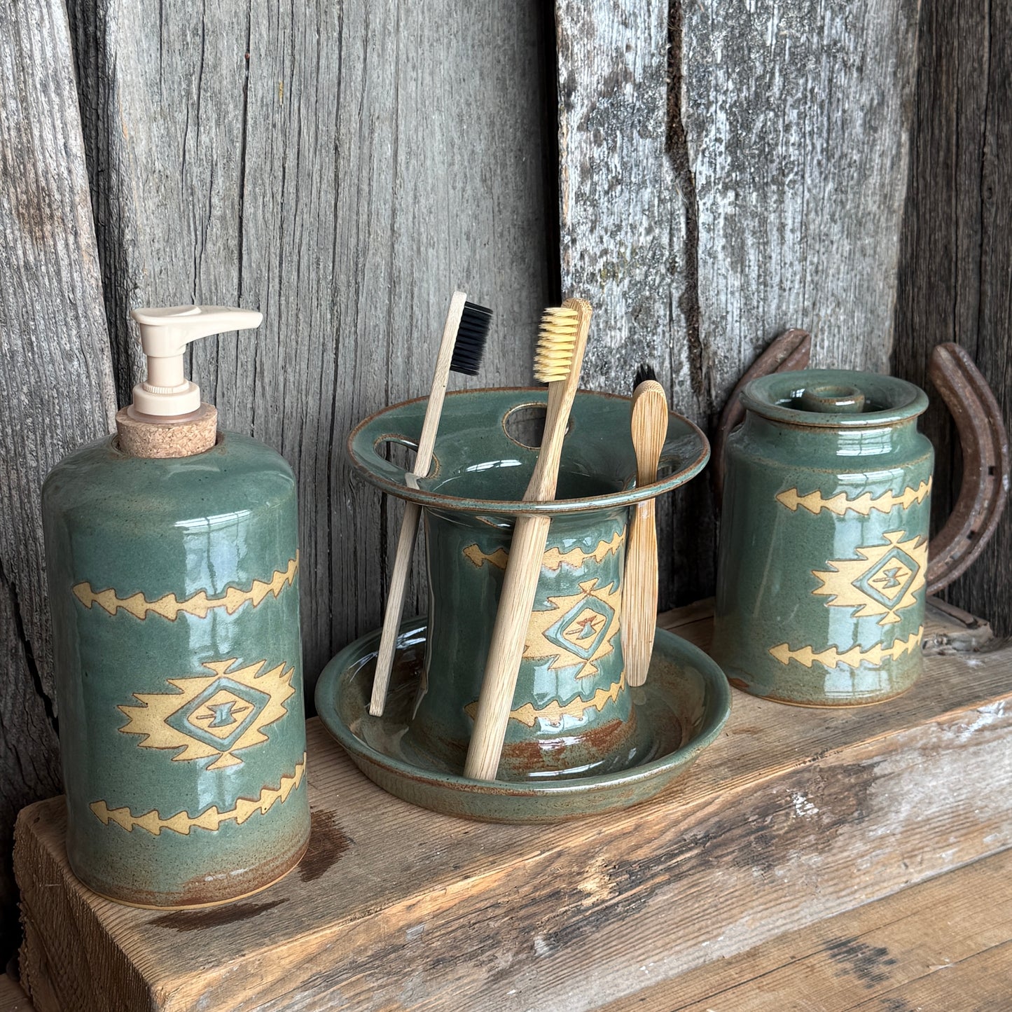 Bathroom Set of 3 - Soap Bottle, canister, and toothbrush holder - Southwestern Sagebrush