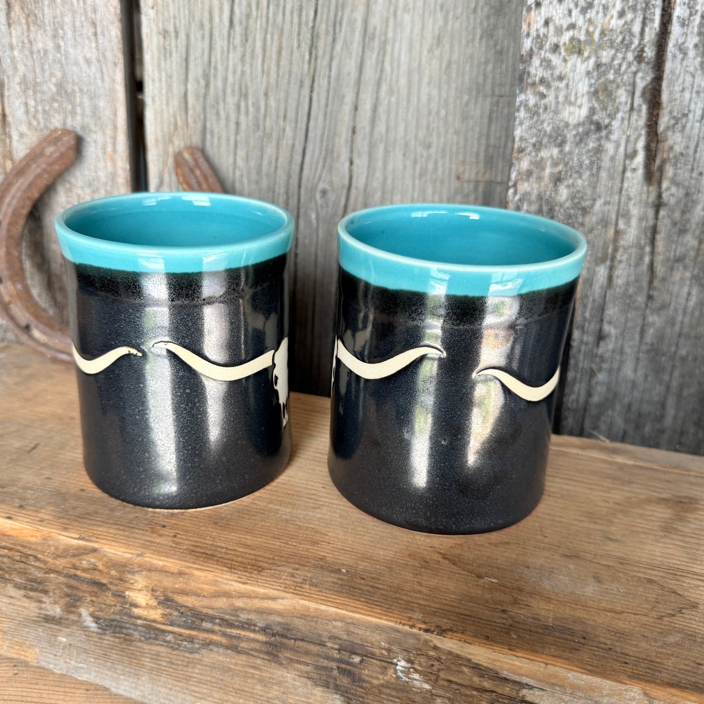 Cup Set of 2-  Longhorn skull Turquoise and Gunmetal