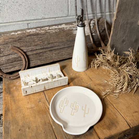 Set of 3 - Cactus spoon rest, oil bottle and soap dish.