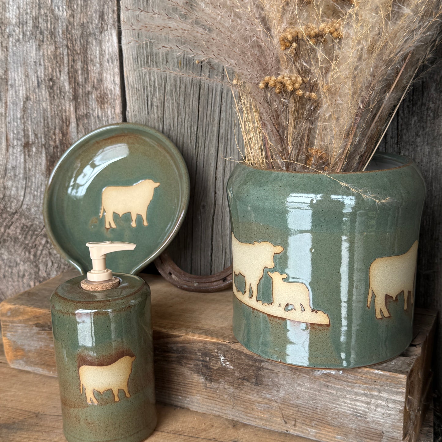 Kitchen Utensil Crock, spoon rest and soap dispenser Cow Calf Sagebrush