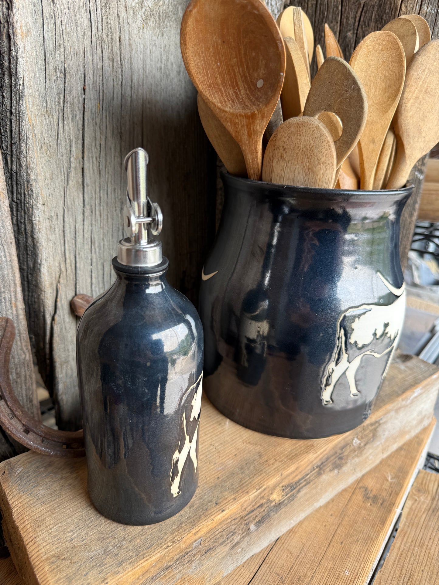 Kitchen Utensil Crock,and Oil Bottle - gunmetal Longhorn