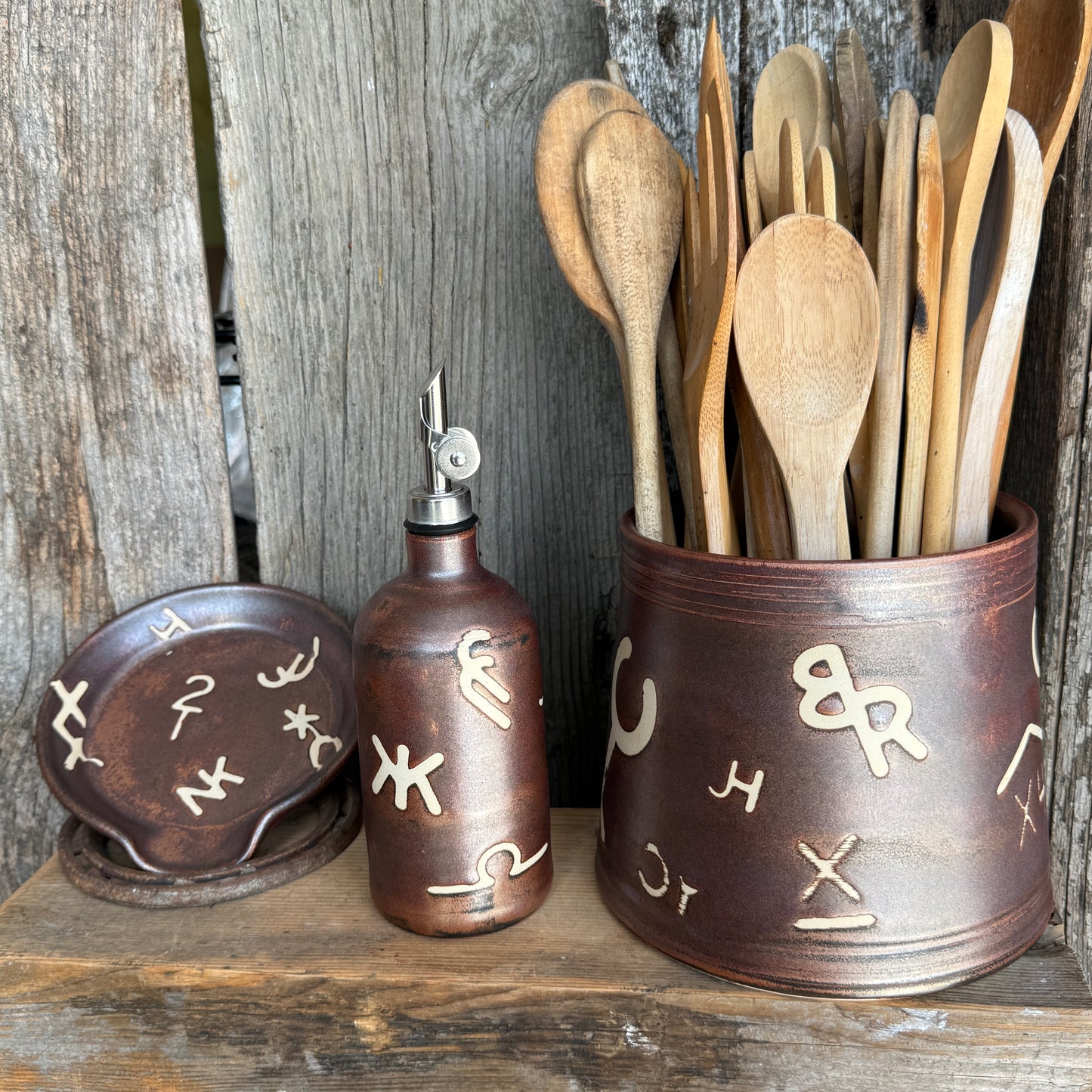 Kitchen Utensil Crock, spoon rest and Oil Bottle - Copper Branded