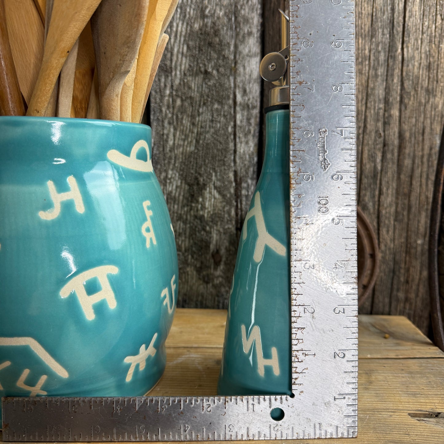 Kitchen Utensil Crock and oil bottle  dispenser - Tiffany Turquoise