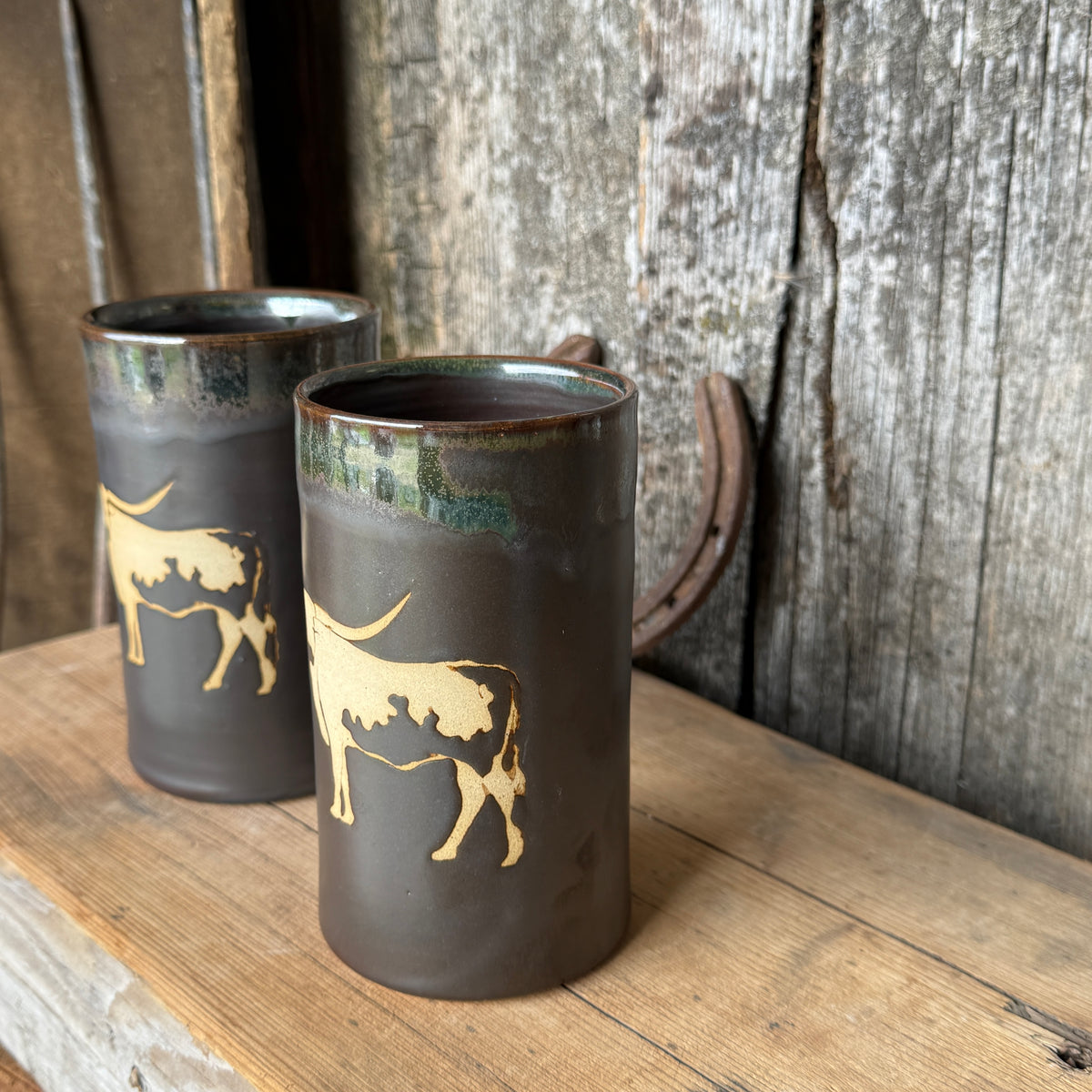 Cup Set of 2- Texas Longhorn Leather