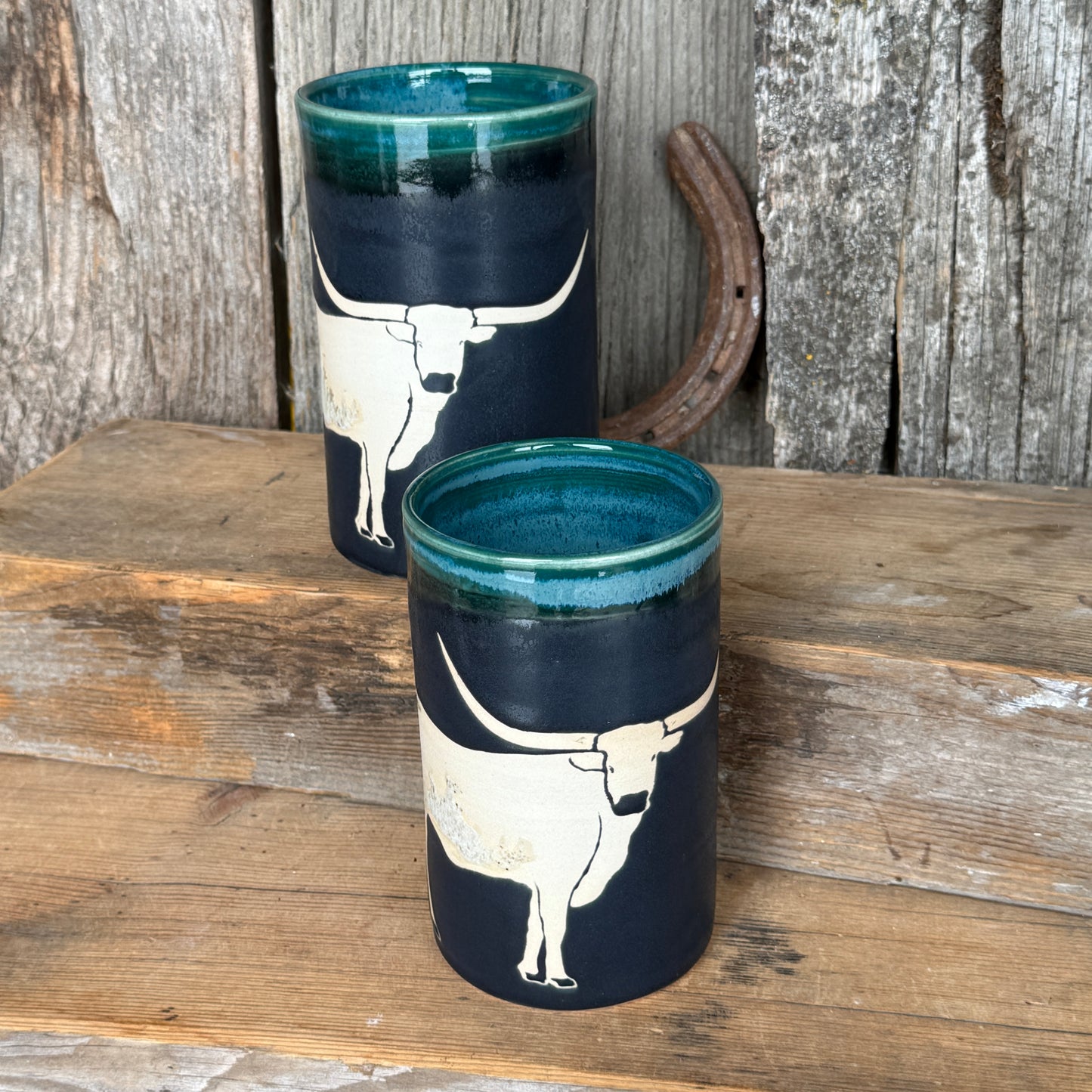 Cup Set of 2- Texas Longhorn Turquoise and Black