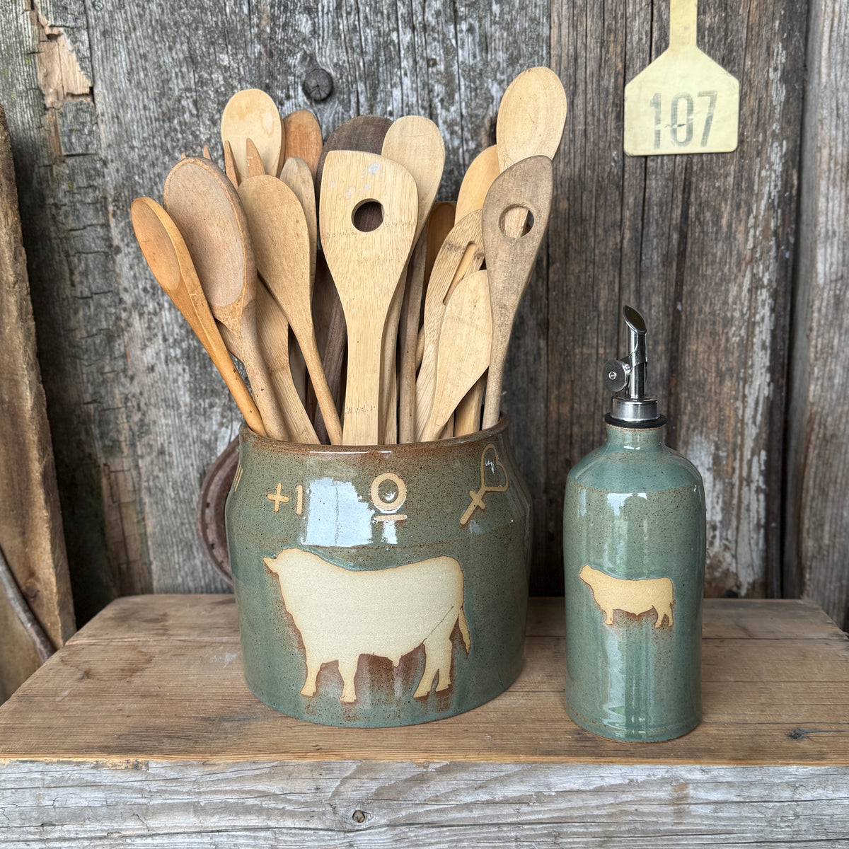 Kitchen Utensil Crock, spoon rest and oil bottle- Sagebrush Branded Cattle