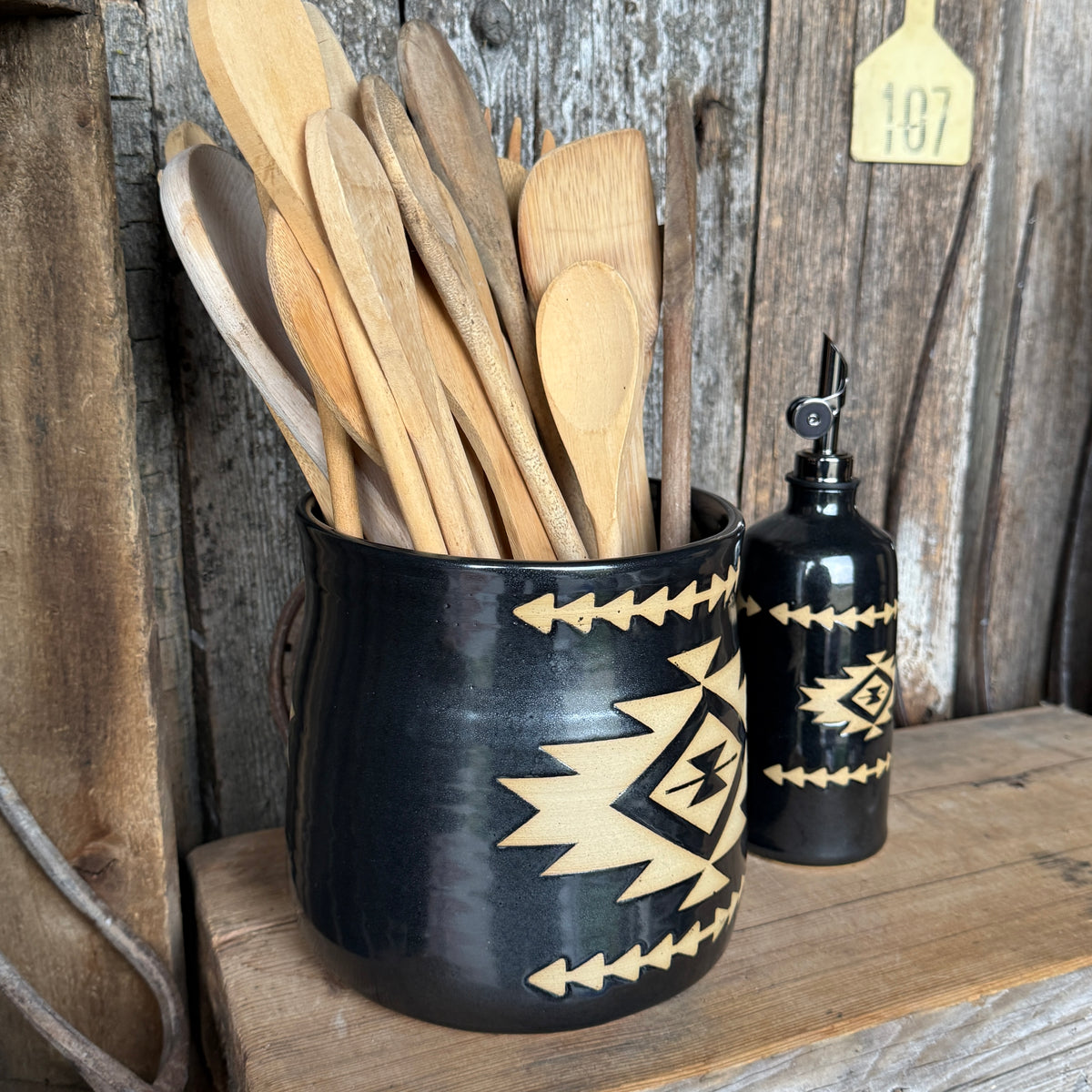 Kitchen Utensil Crock,and Oil Bottle - Gunmetal Southwestern