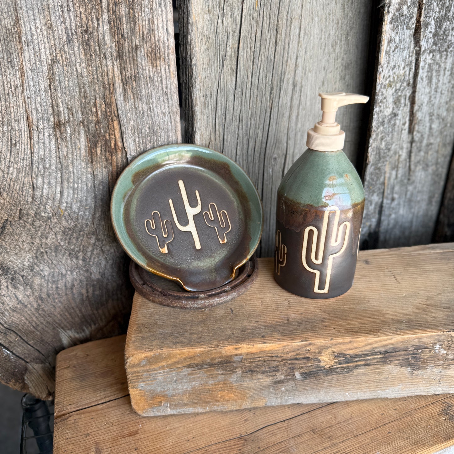 Soap dispenser and spoon rest -  Cactus Sagebrush and Leather