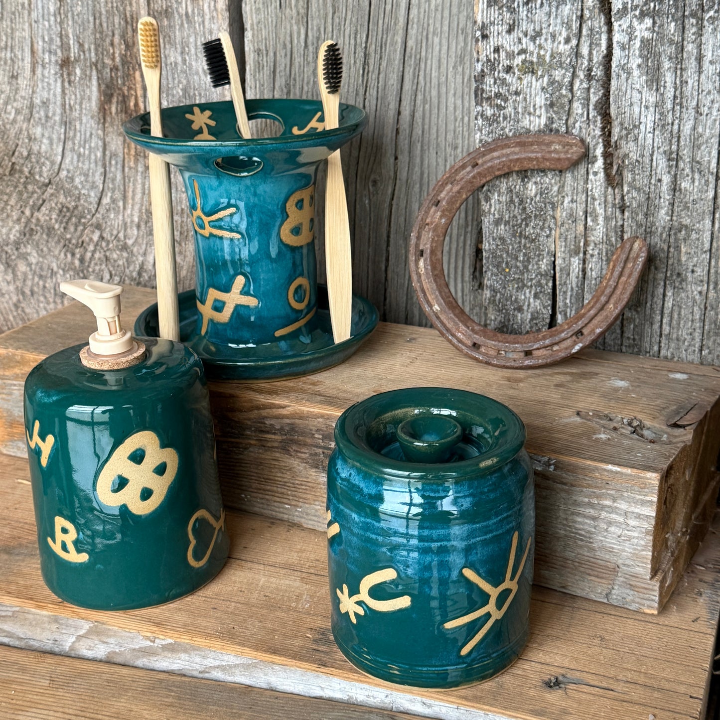Bathroom Set of 3 - Soap Bottle, canister, and toothbrush holder - Branded Green Turquoise