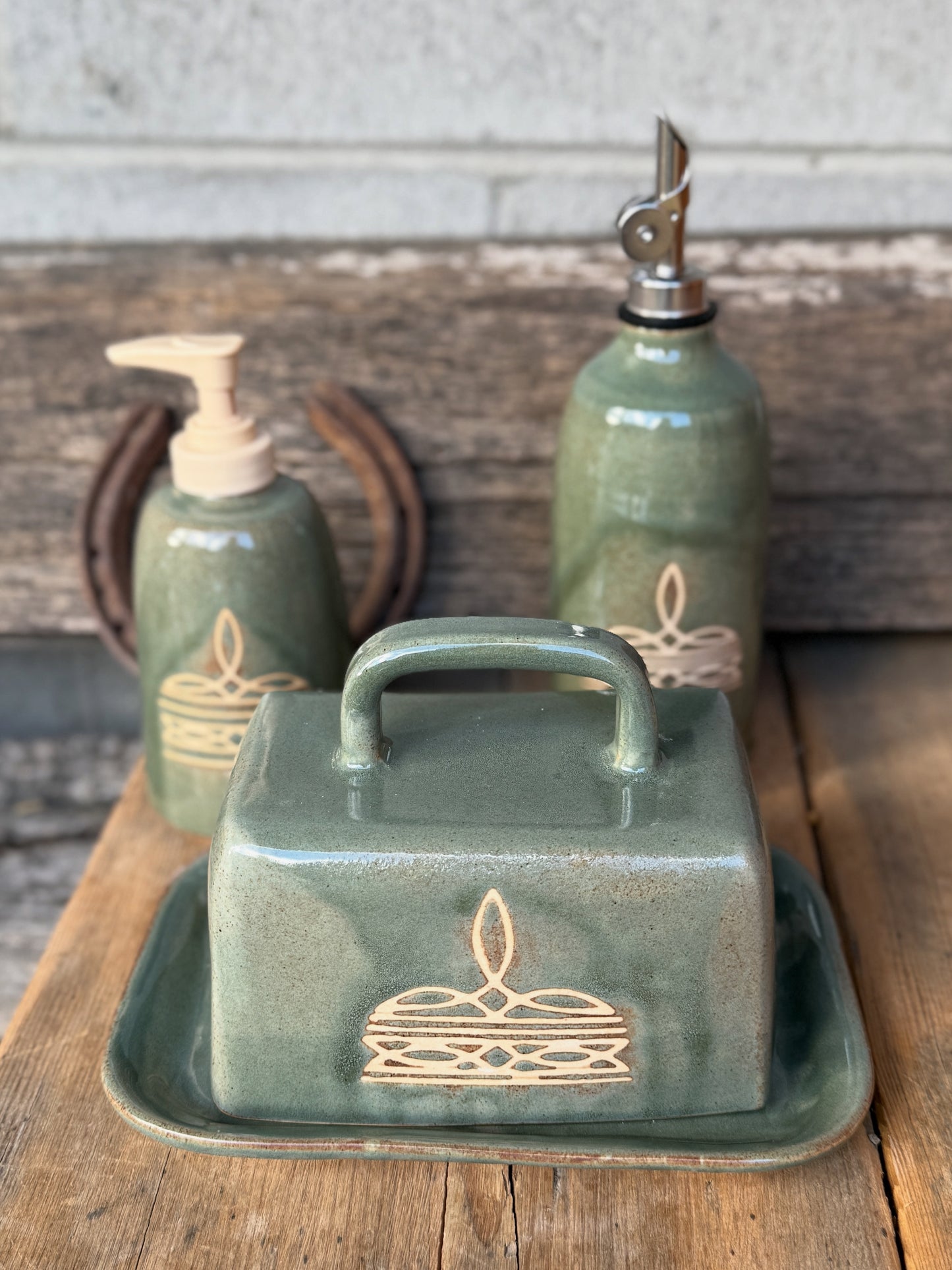 Set- Bootstitch Butter dish, soap dispenser and oil bottle