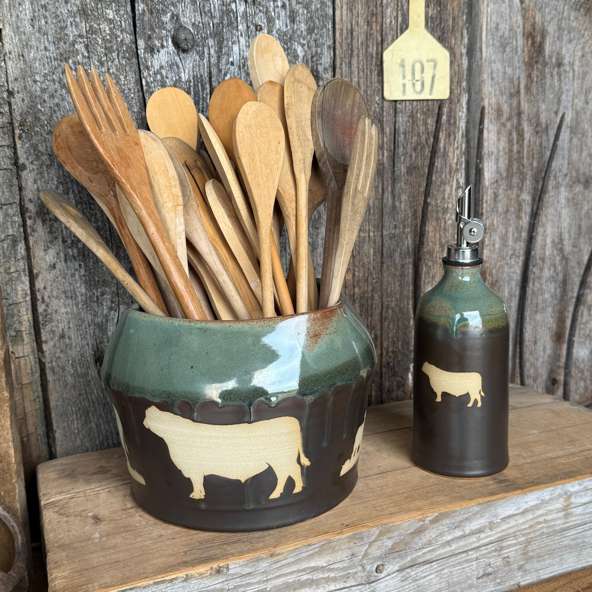 Kitchen Utensil Crock,and Oil Bottle - Leather/ Sagebrush Cattle