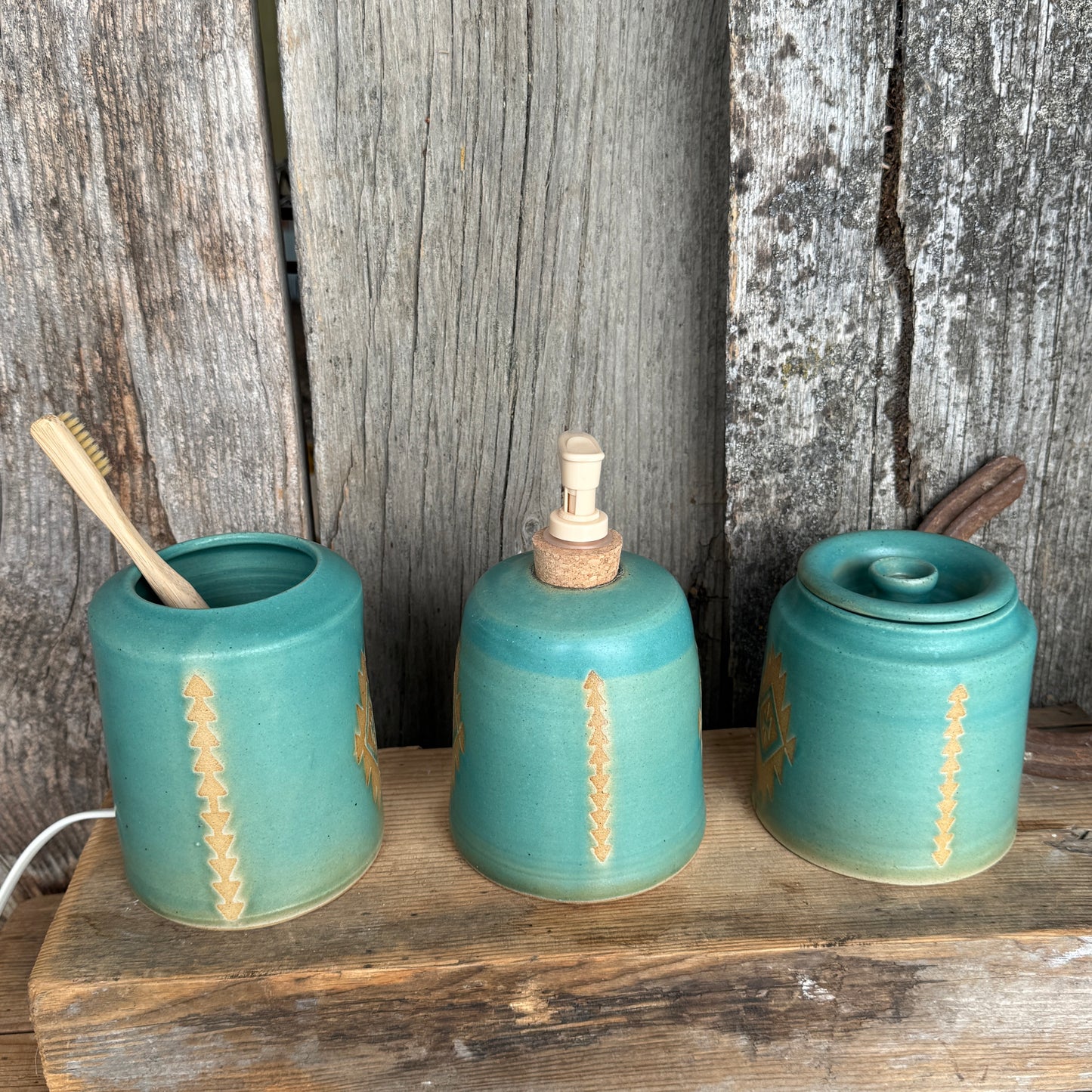 Bathroom Set of 3 - Soap Bottle, canister, and electic toothbrush holder - Southwestern Turquoise