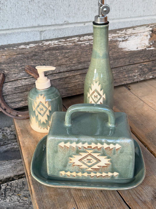 Set- Southwestern Butter dish, soap dispenser and oil bottle