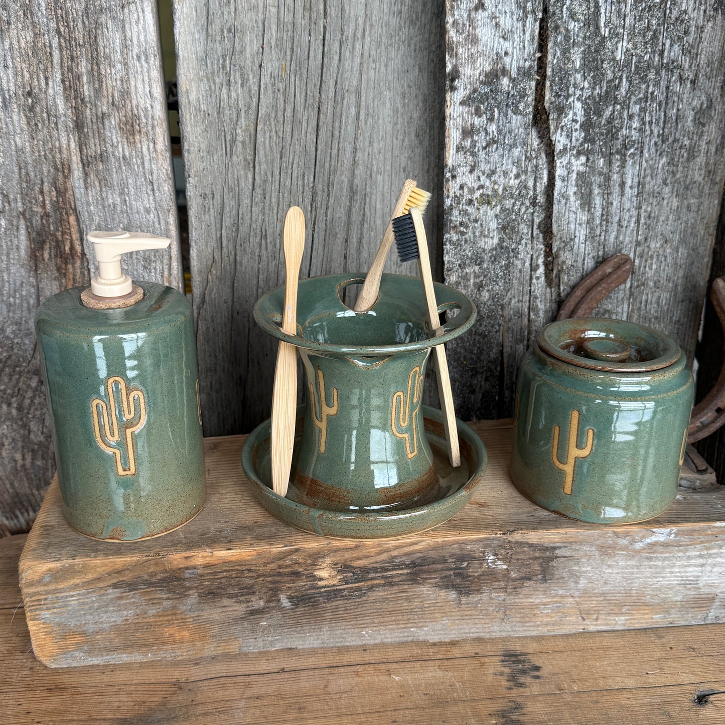 Bathroom Set of 3 - Soap Bottle, canister, and toothbrush holder - Sagebrush Cactus