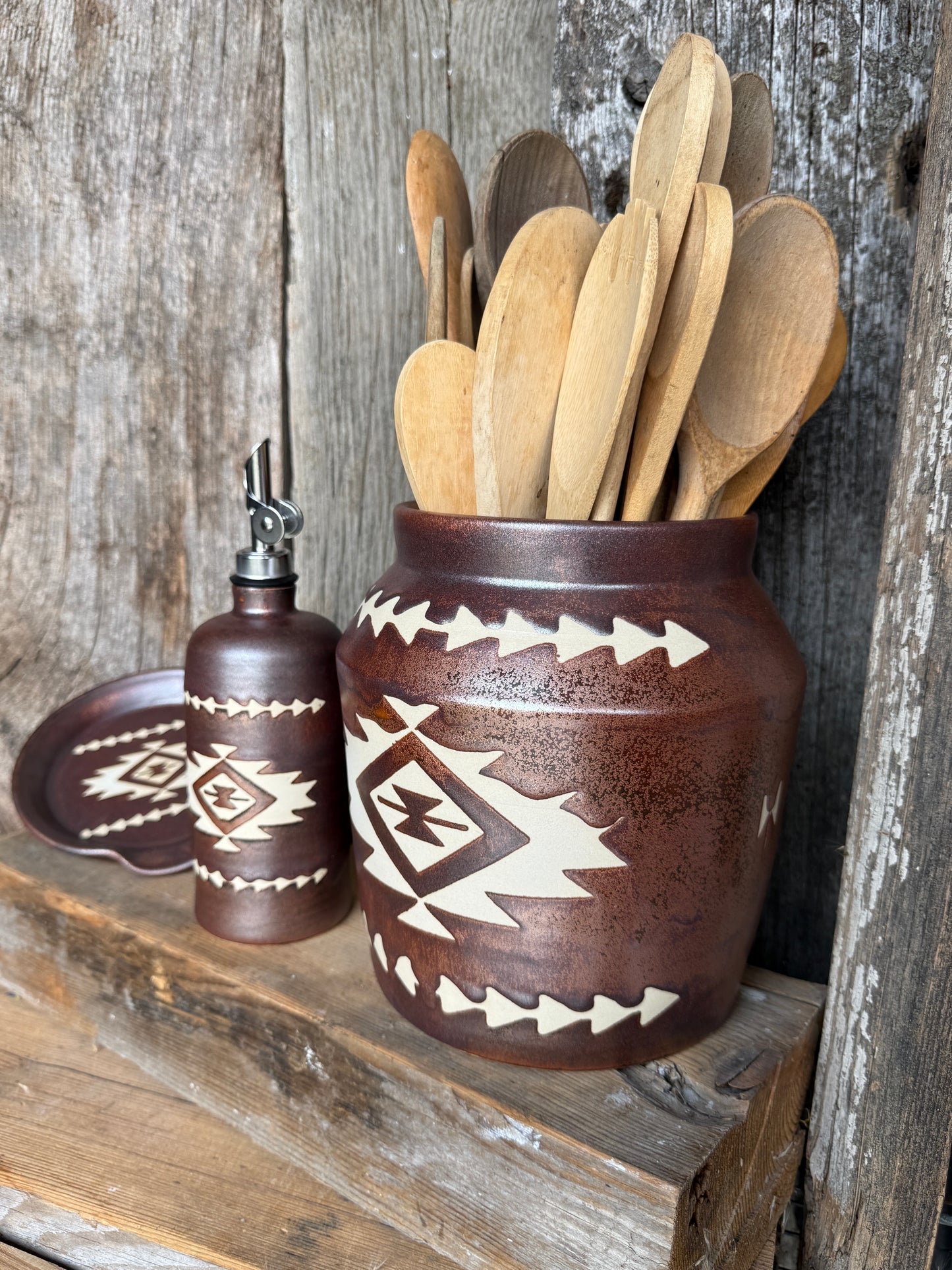 Kitchen Utensil Crock, spoon rest and Oil Bottle - Copper Southwestern