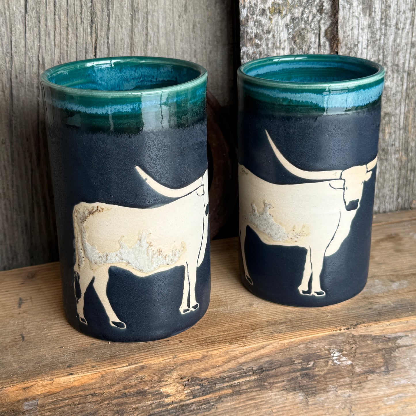 Cup Set of 2- Texas Longhorn Turquoise and Black