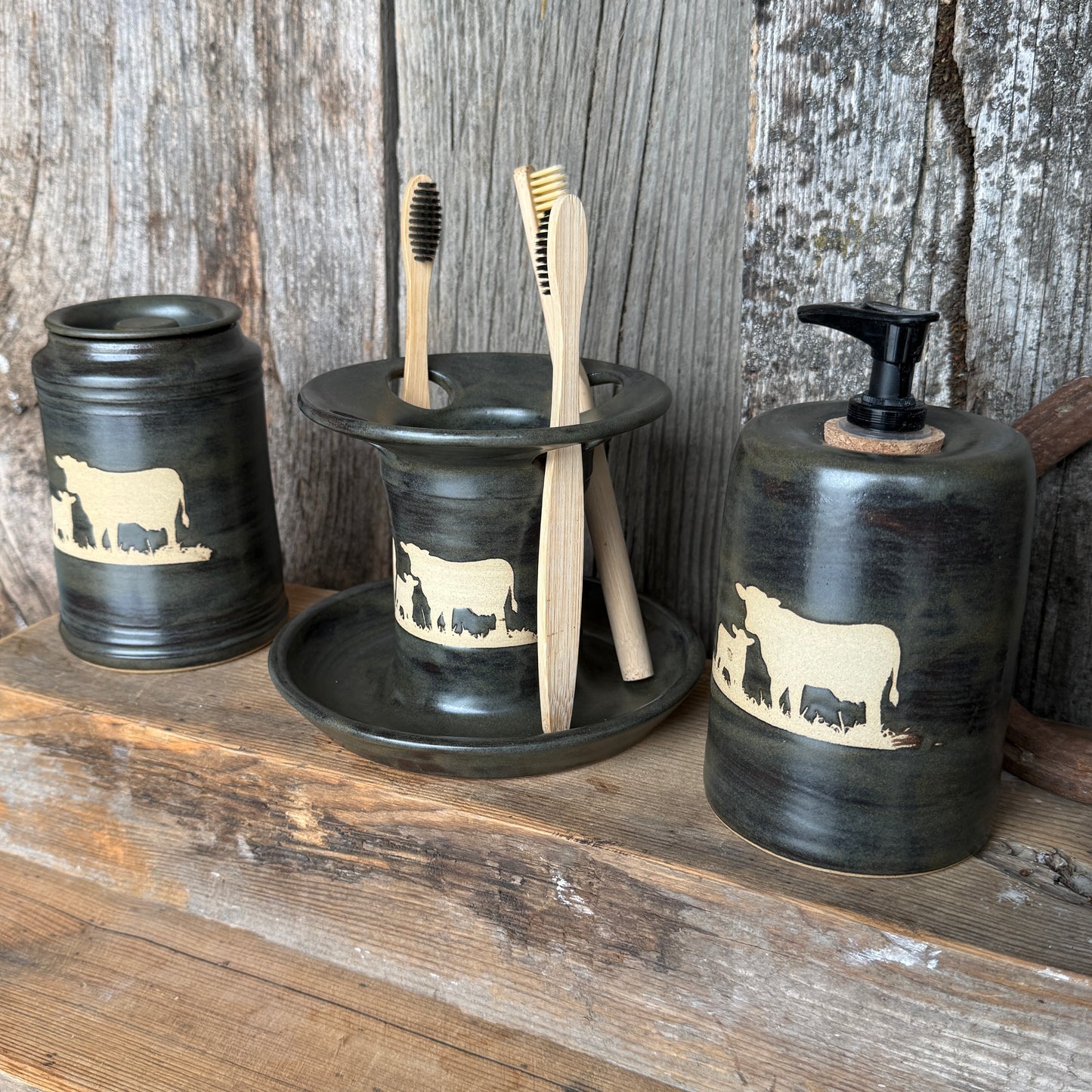 Bathroom Set of 3 - Soap Bottle, canister, and toothbrush holder - Cattle Chicory