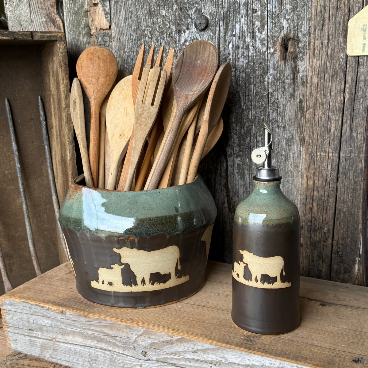 Kitchen Utensil Crock,and Oil Bottle - Leather/ Sagebrush Cattle