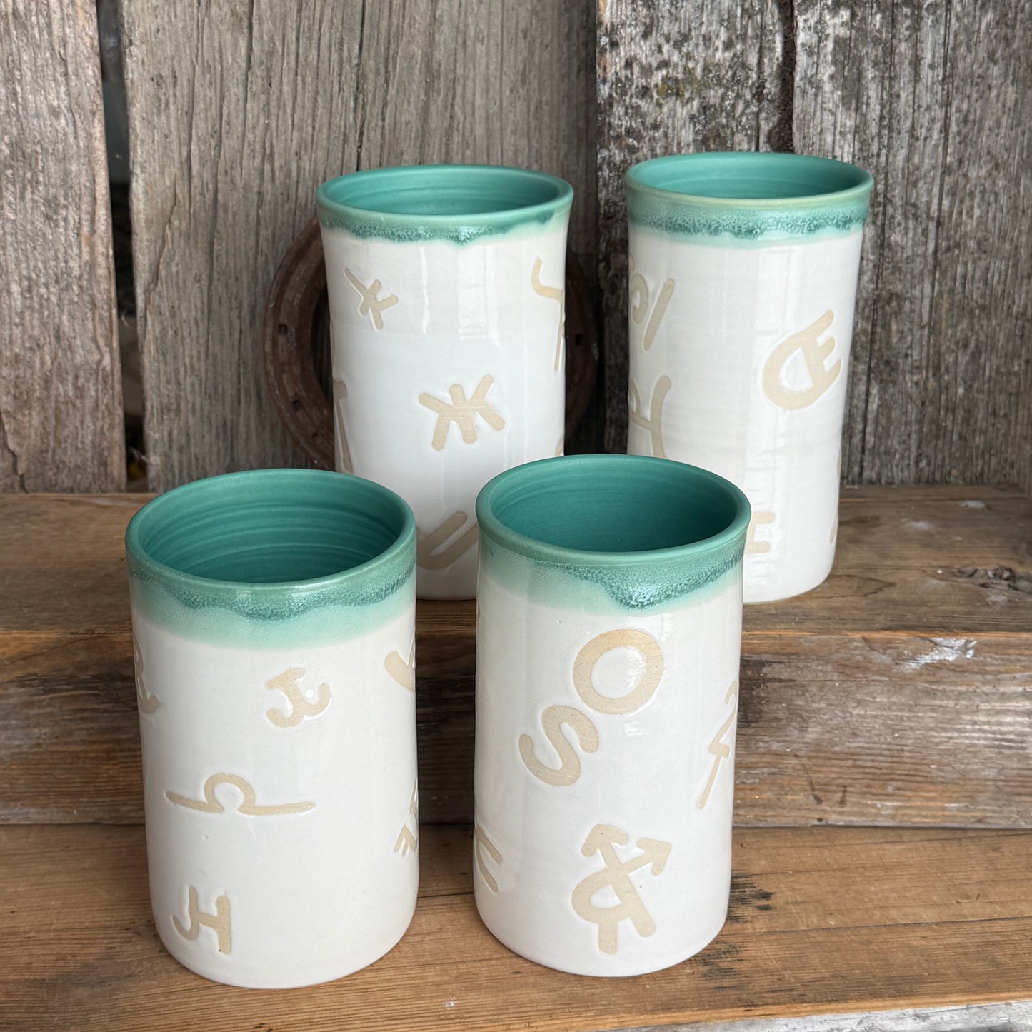 Cup Set of 4 - Branded  White and Turquoise