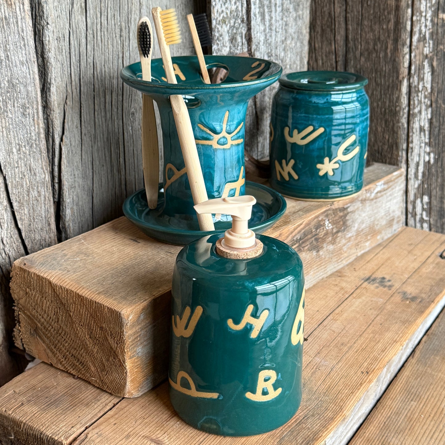 Bathroom Set of 3 - Soap Bottle, canister, and toothbrush holder - Branded Green Turquoise