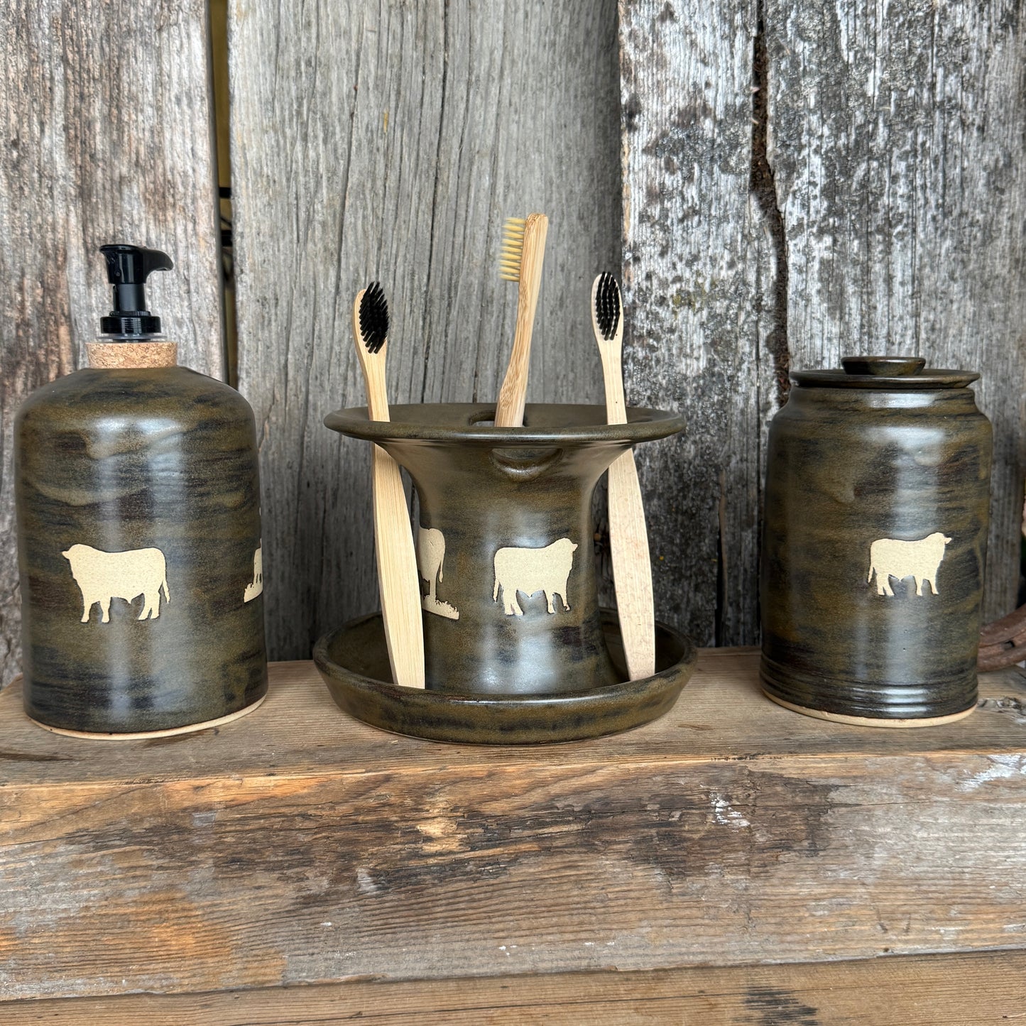 Bathroom Set of 3 - Soap Bottle, canister, and toothbrush holder - Cattle