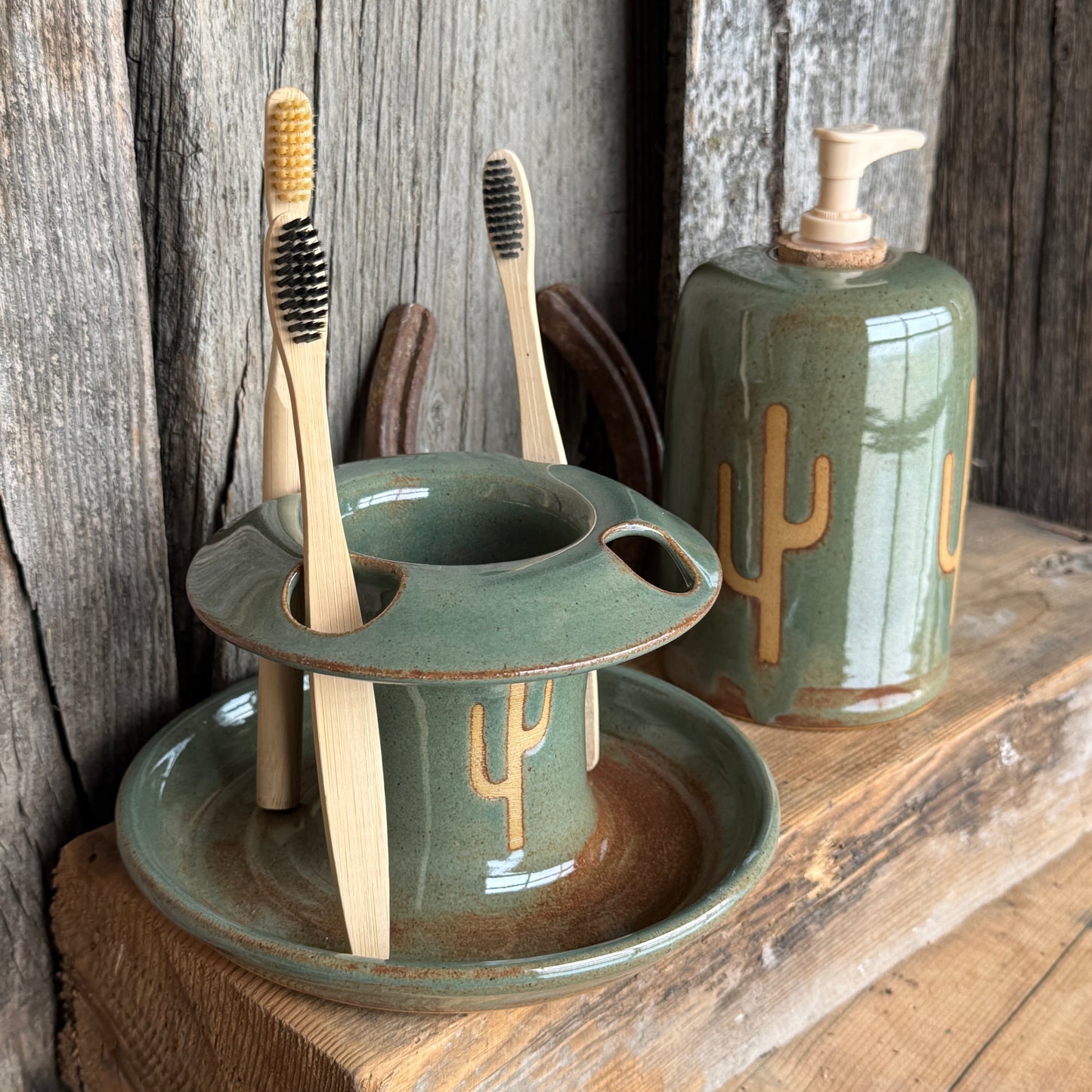Bathroom Set of 2 - Soap Bottle, toothbrush holder - Cactus Sagebrush