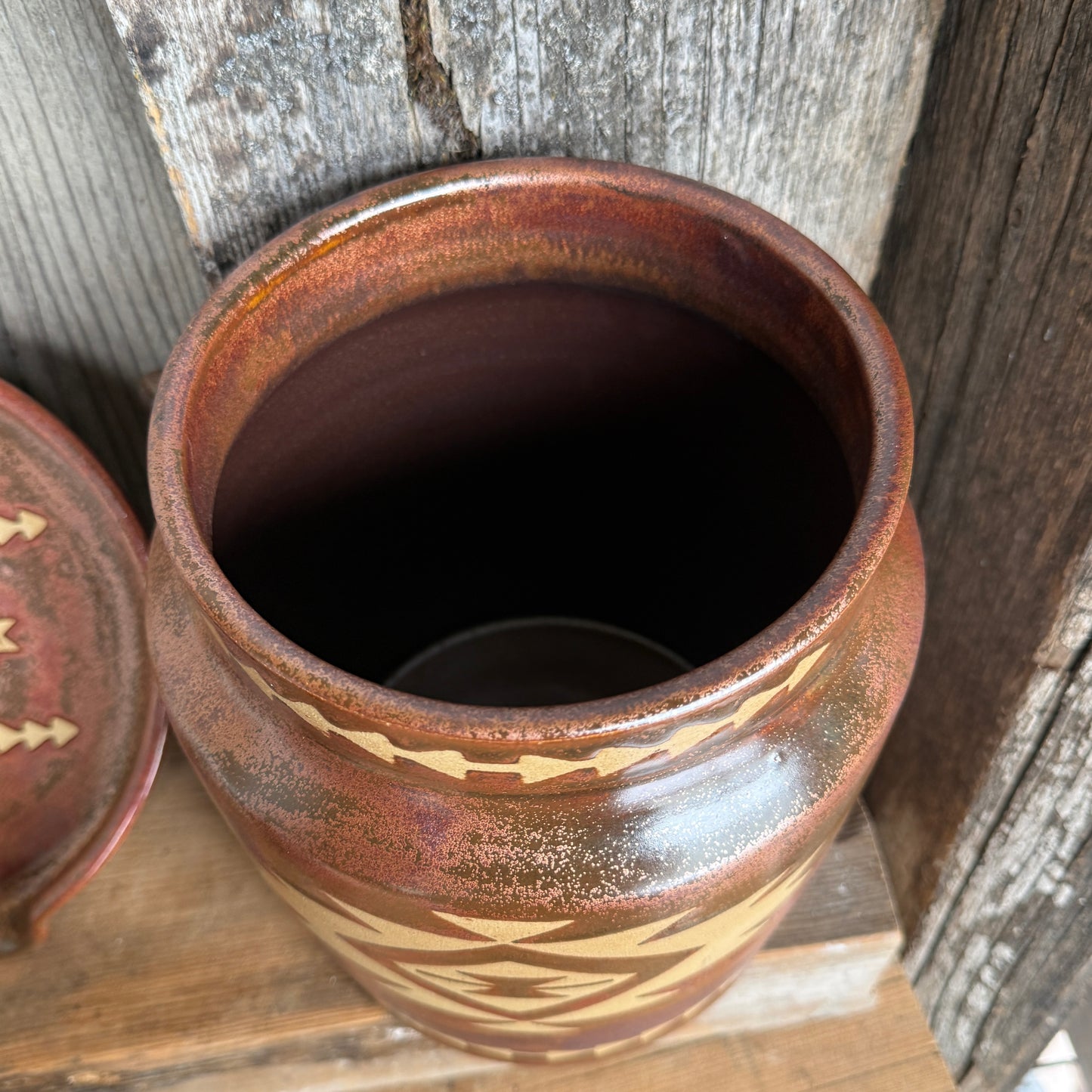 Kitchen Utensil Crock, spoon rest and Oil Bottle - Southwestern Copper