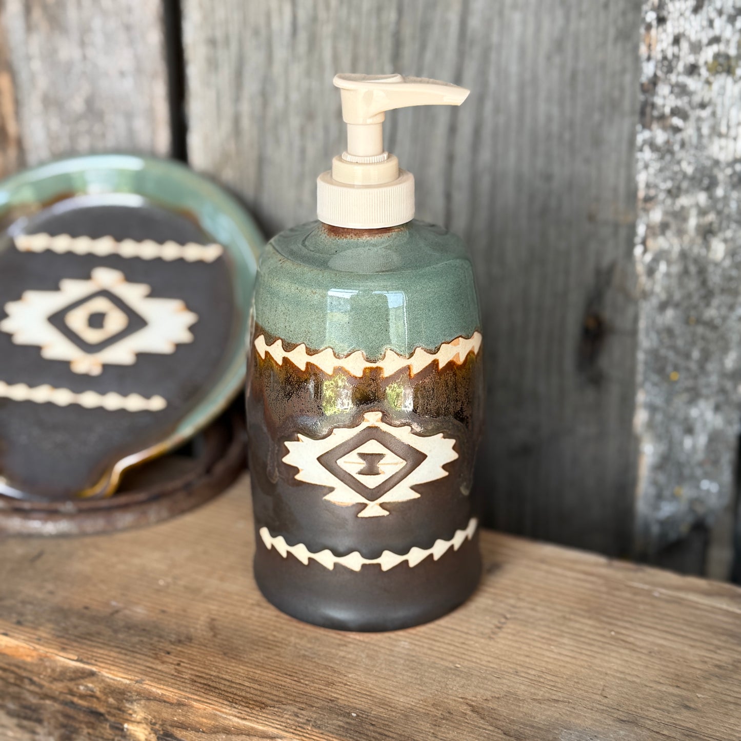 Soap dispenser and spoon rest -  southwestern Sagebrush and Leather