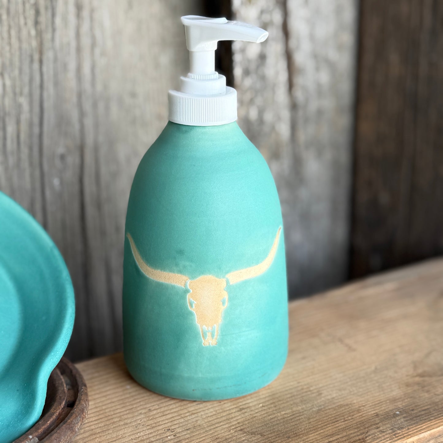 Soap dispenser and spoon rest -  longhorn skull in turquoise