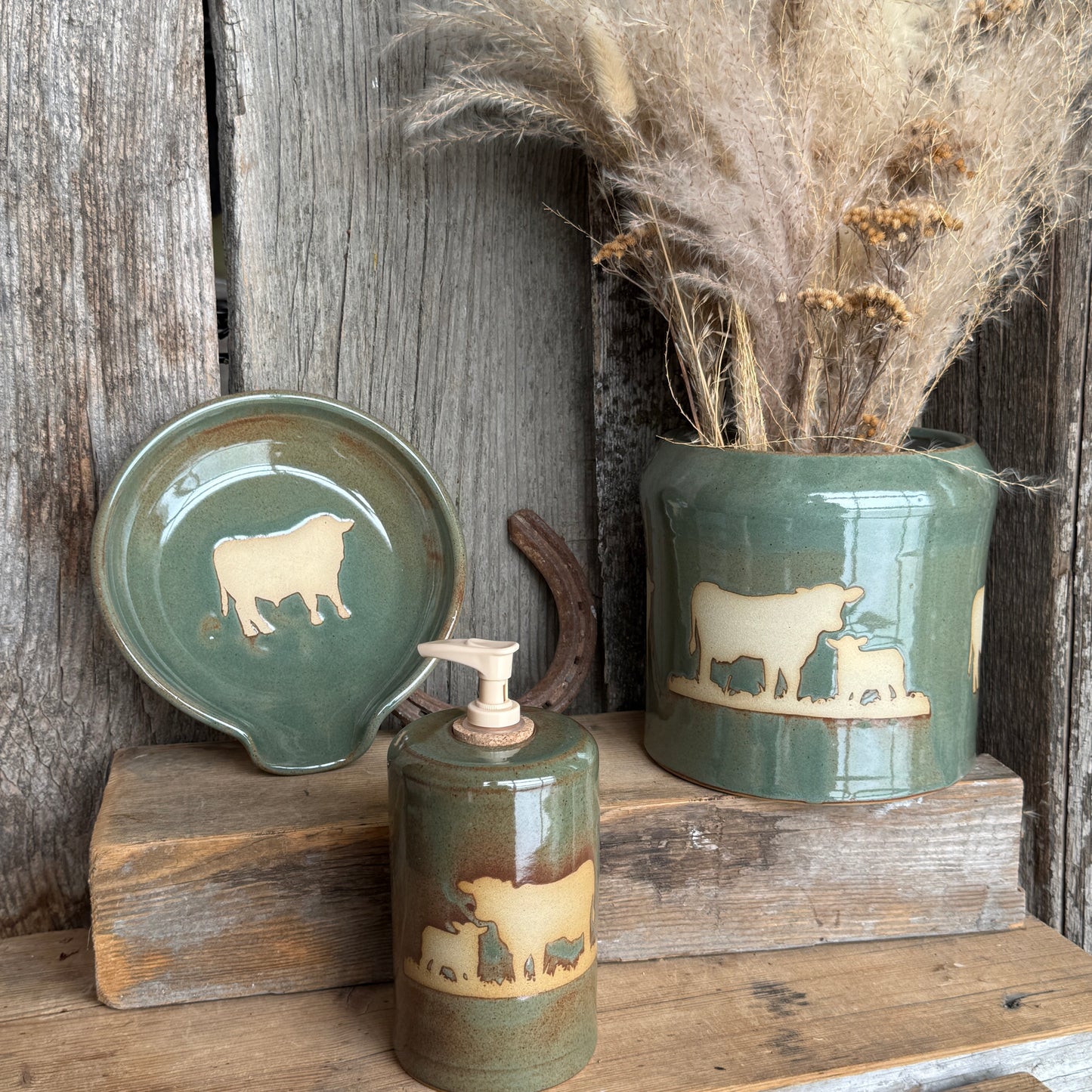 Kitchen Utensil Crock, spoon rest and soap dispenser Cow Calf Sagebrush