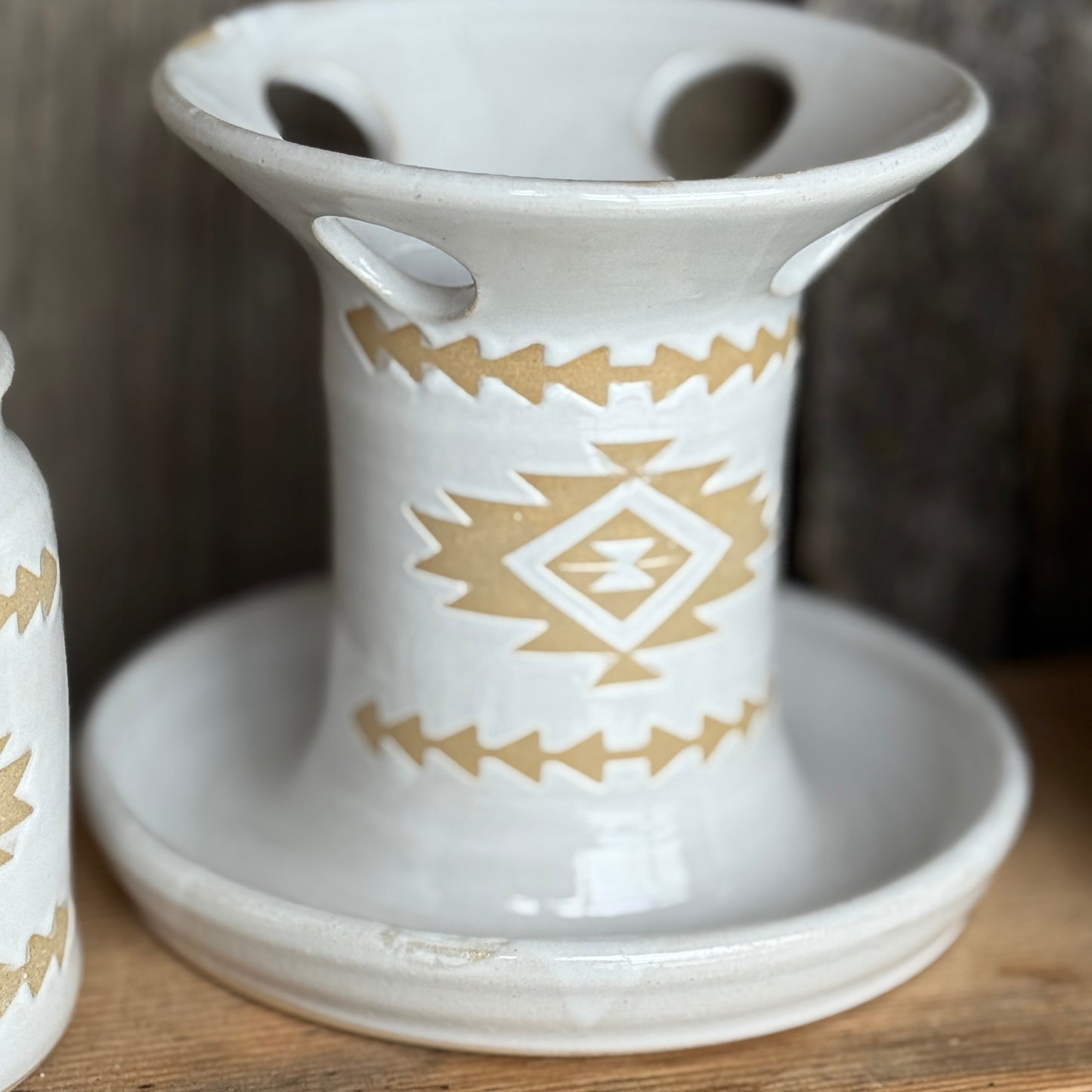 Bathroom Set of 3 - Soap Bottle, canister, and toothbrush holder - Southwestern White