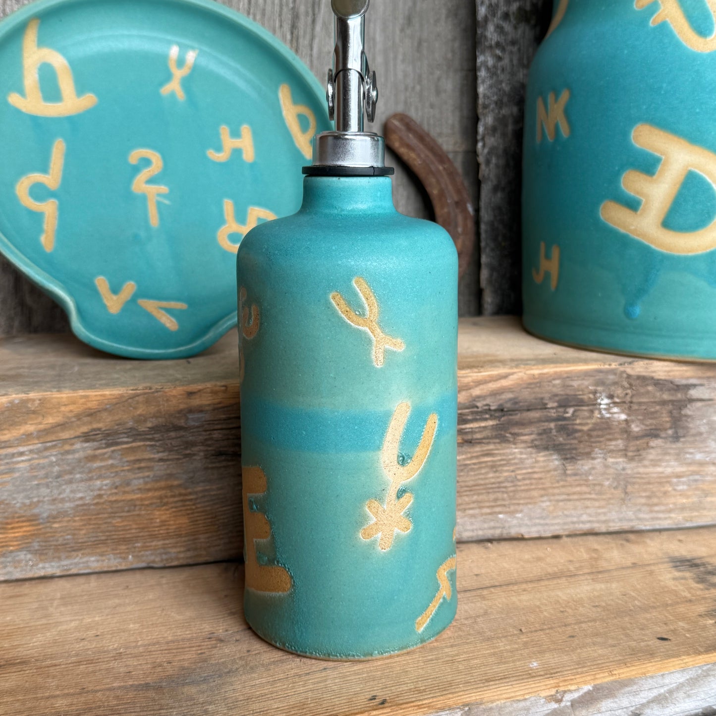Kitchen Utensil Crock, spoon rest and Oil Bottle - Branded Turquoise