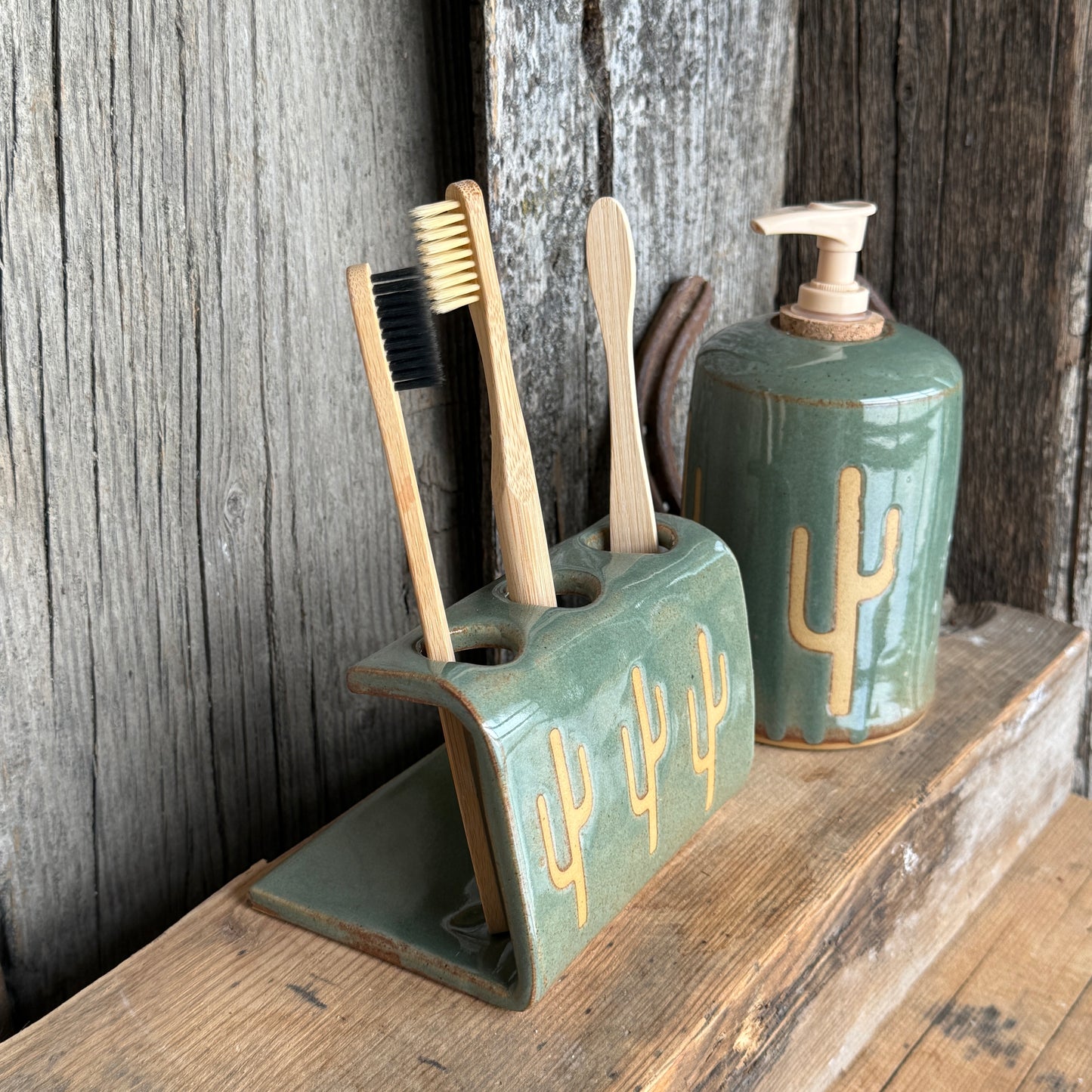 Bathroom Set of 2 - Soap Bottle, toothbrush holder - Cactus Sagebrush