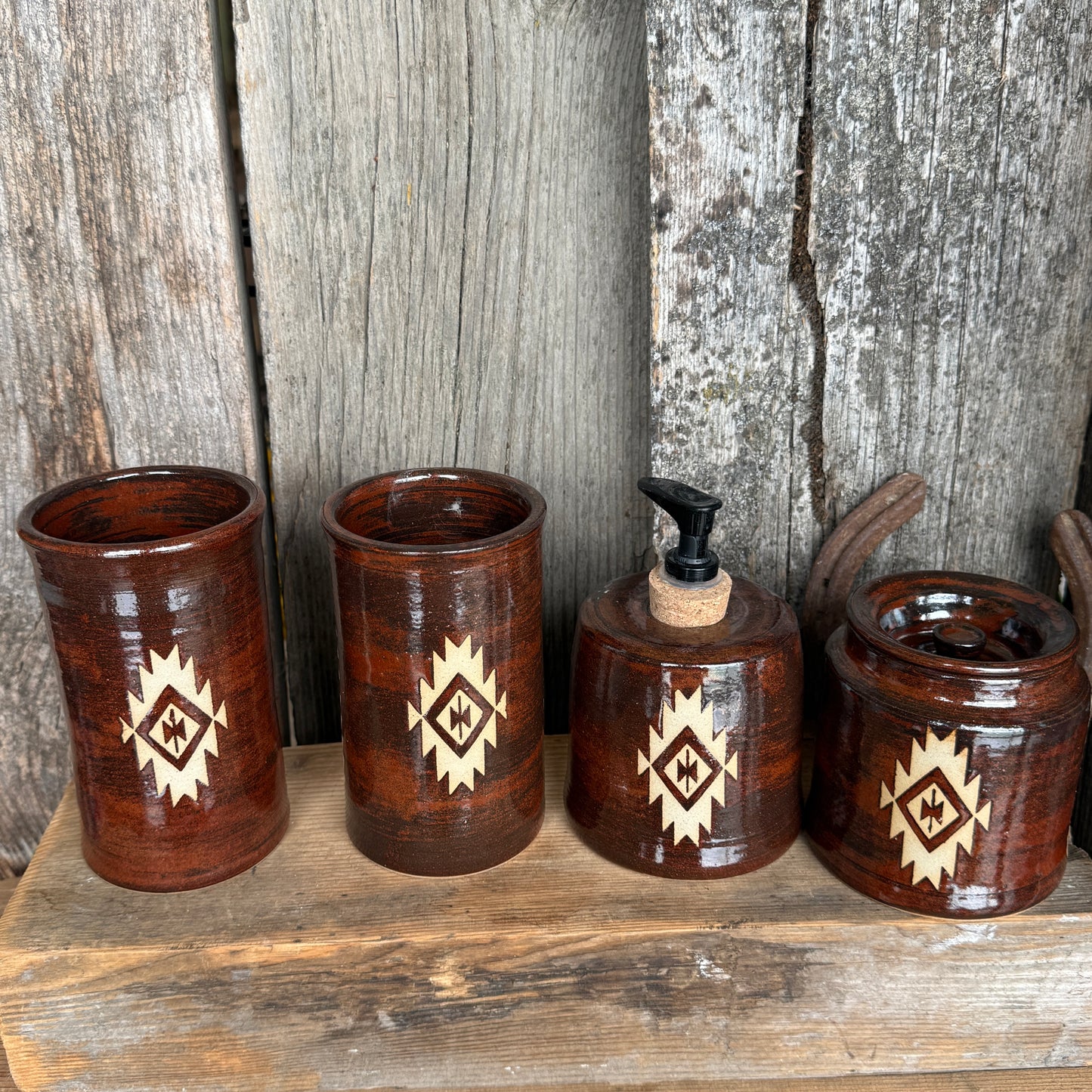 Bathroom Set of 4 - Soap Bottle, canister, and two electic toothbrush holders - Southwestern Rust
