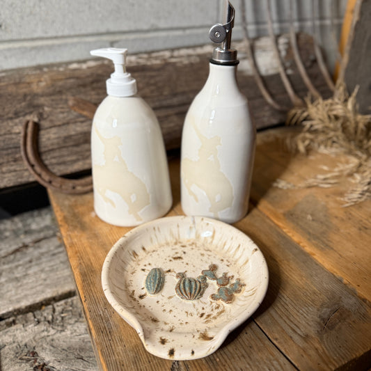 Set of 3- oil bottle, soap dispenser and spoon rest