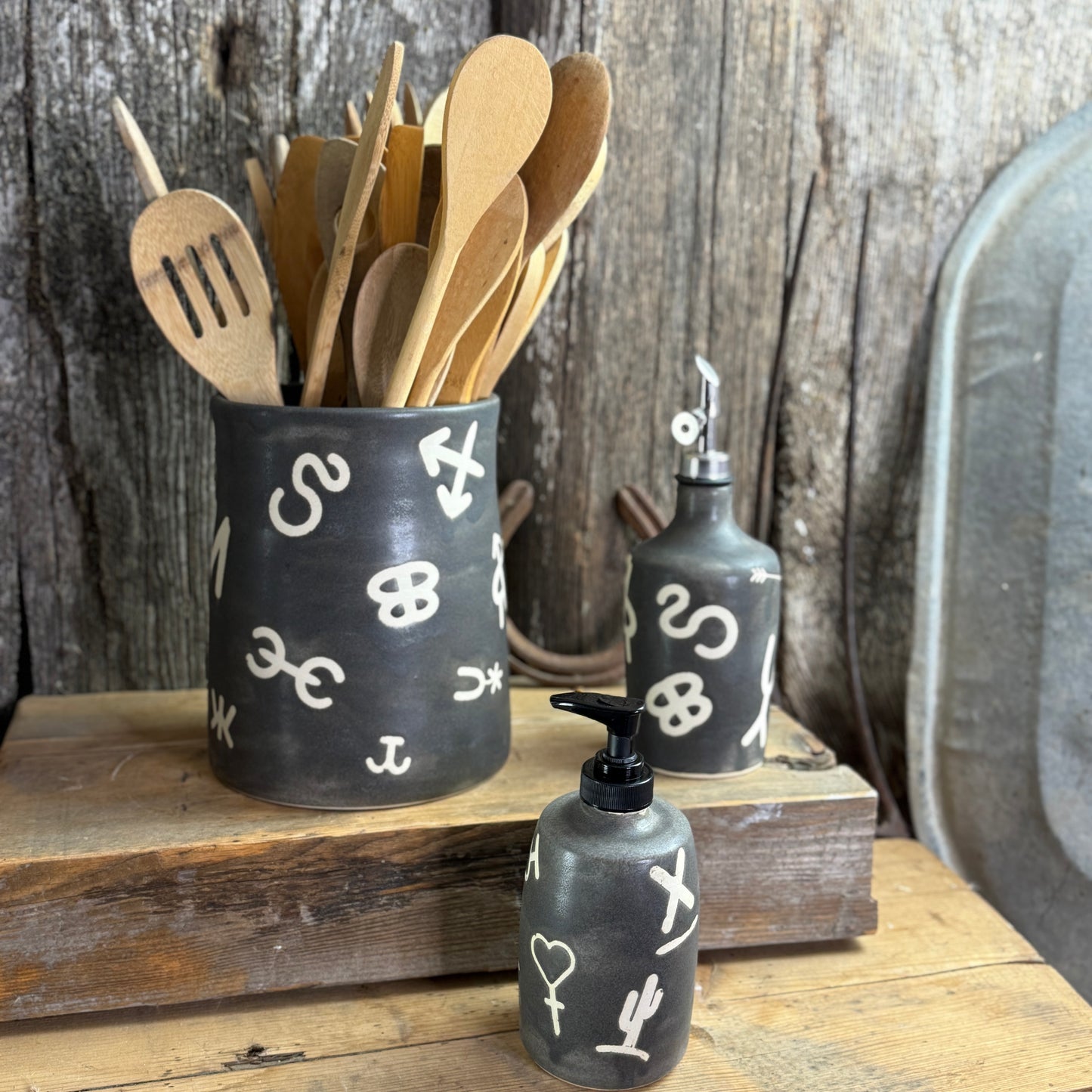 Kitchen crock set with oil and soap bottle- River Rock Branded