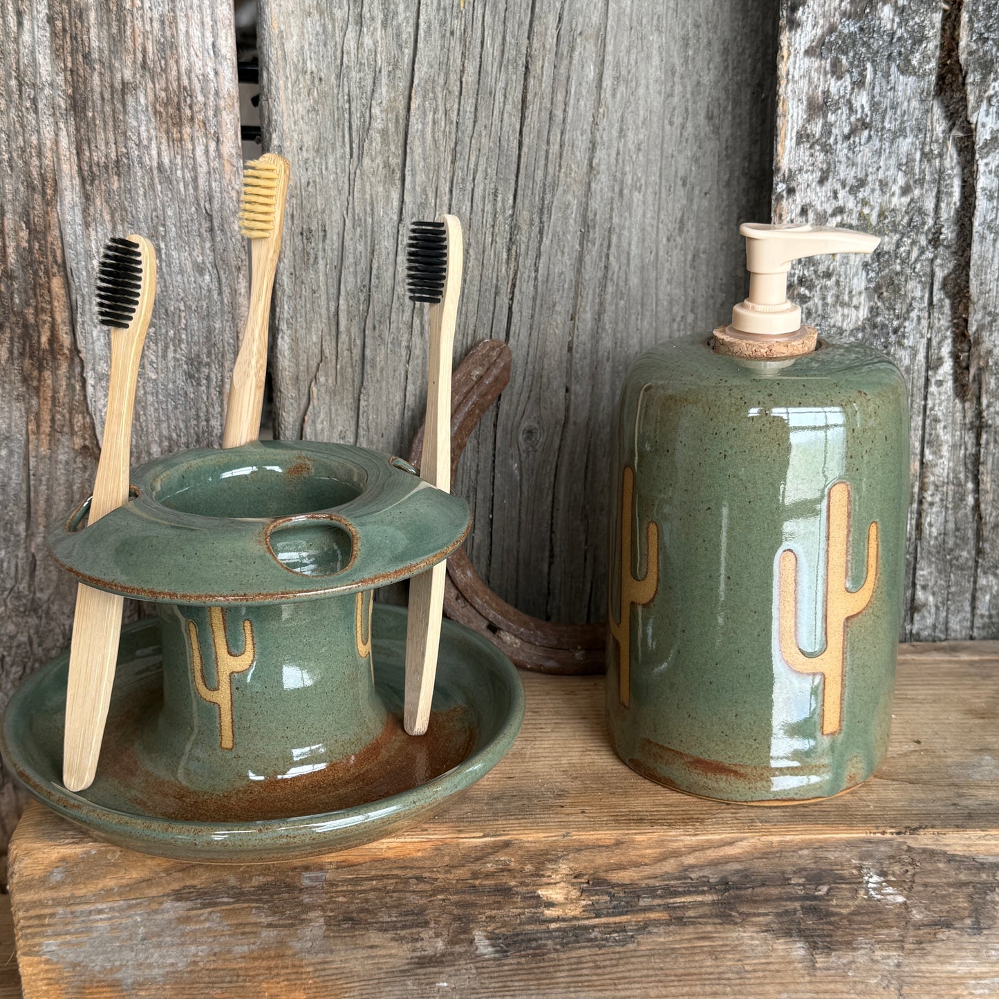 Bathroom Set of 2 - Soap Bottle, toothbrush holder - Cactus Sagebrush