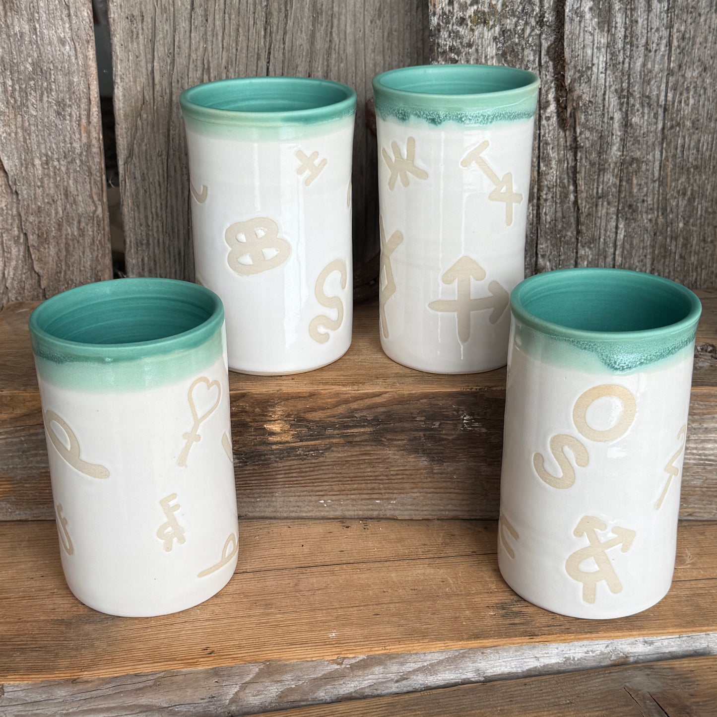 Cup Set of 4 - Branded  White and Turquoise