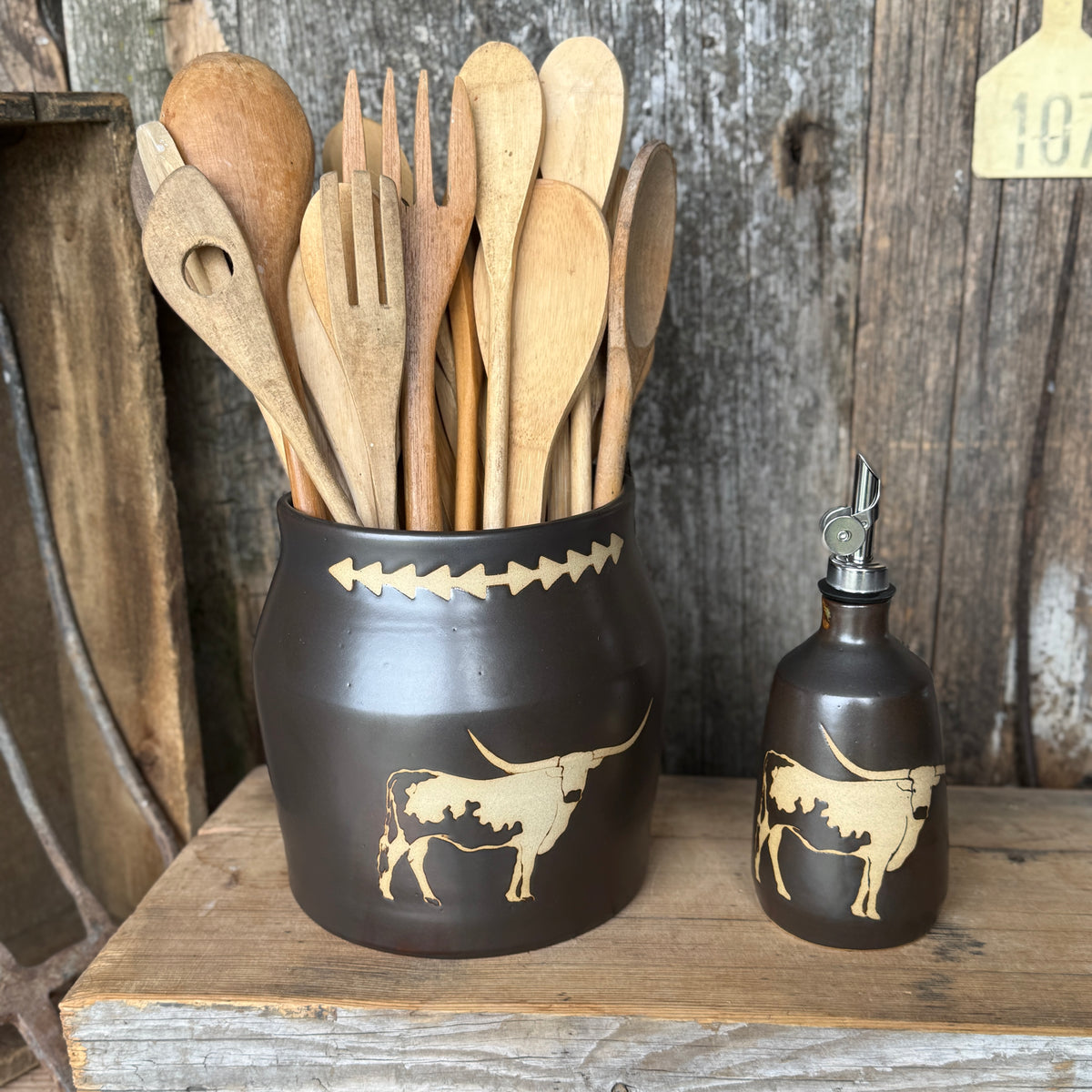 Kitchen Utensil Crock,and Oil Bottle - Leather Longhorn