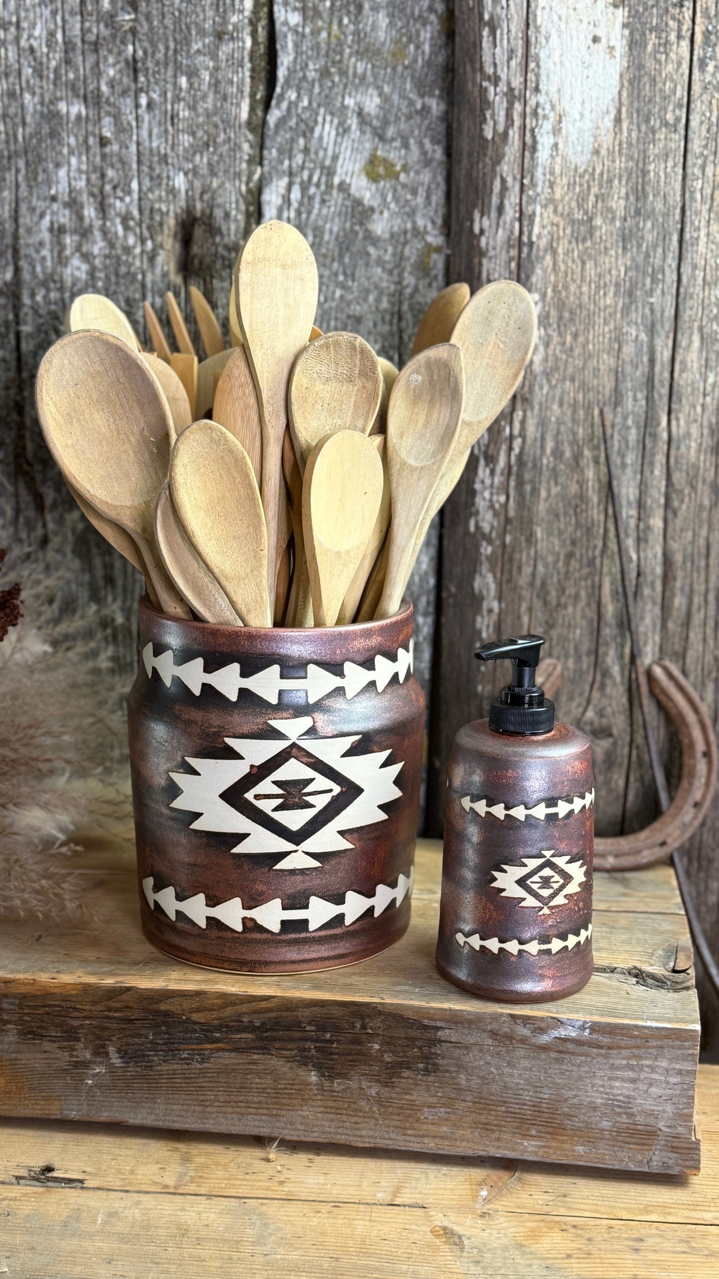 Kitchen Utensil Crock and soap dispenser - Southwestern Copper