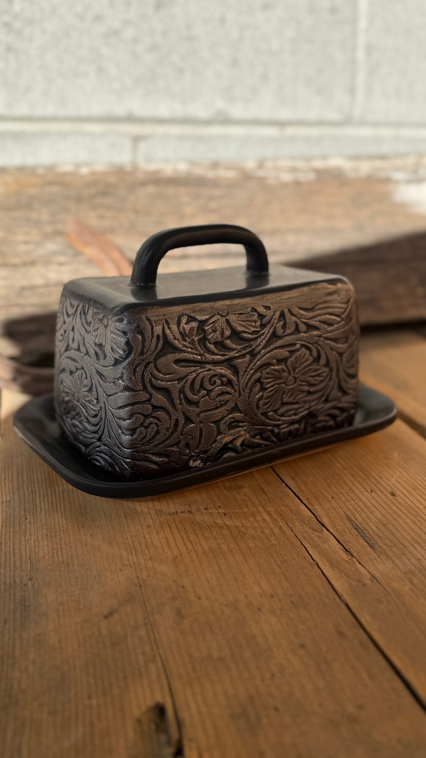 15” Stamped Leather Serving Platter and Butter Dish Set