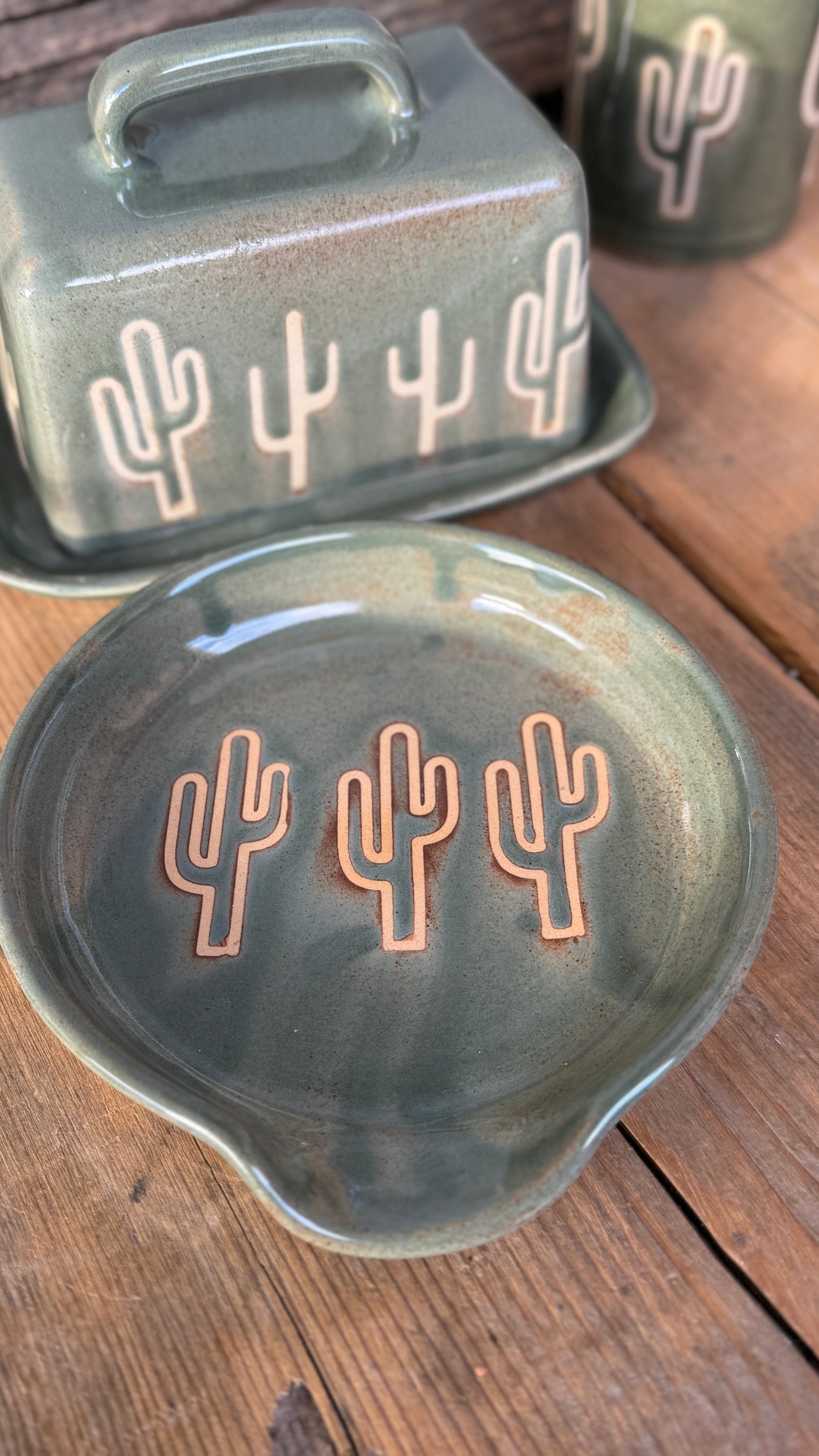 Set- Cactus Butter dish, spoon rest and oil bottle