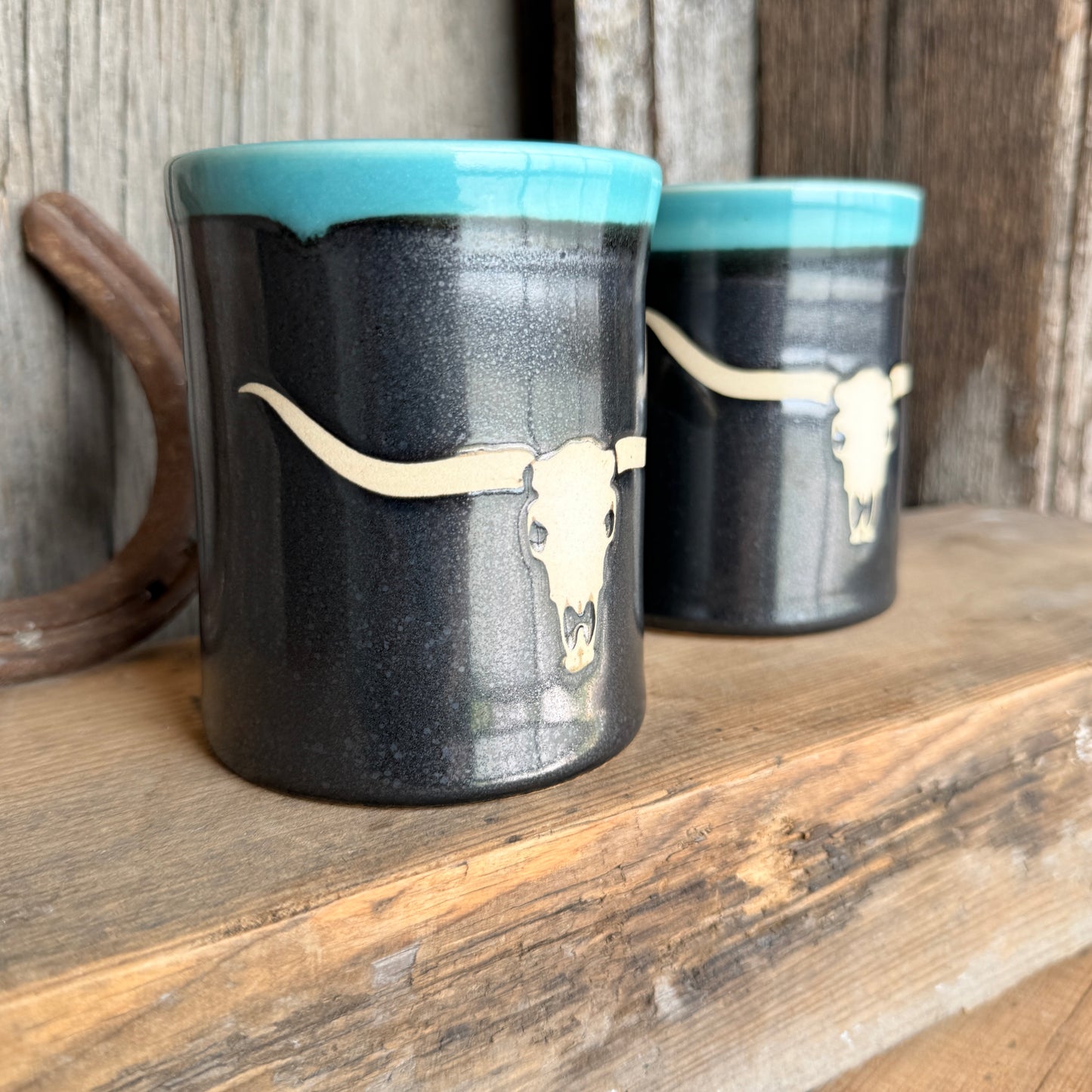 Cup Set of 2-  Longhorn skull Turquoise and Gunmetal