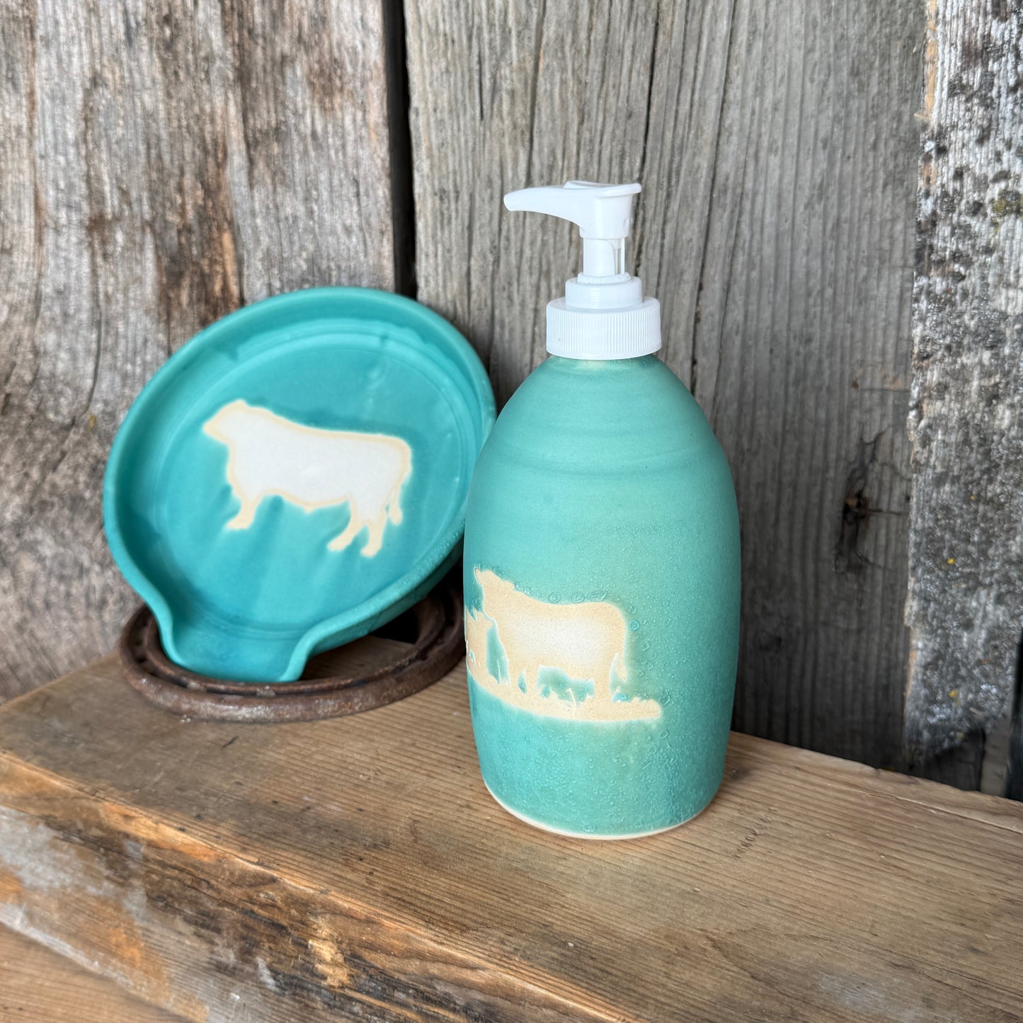 Soap dispenser and spoon rest -  Cattle in turquoise