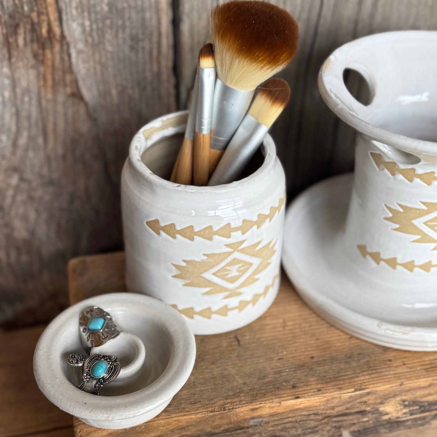 Bathroom Set of 3 - Soap Bottle, canister, and toothbrush holder - Southwestern White