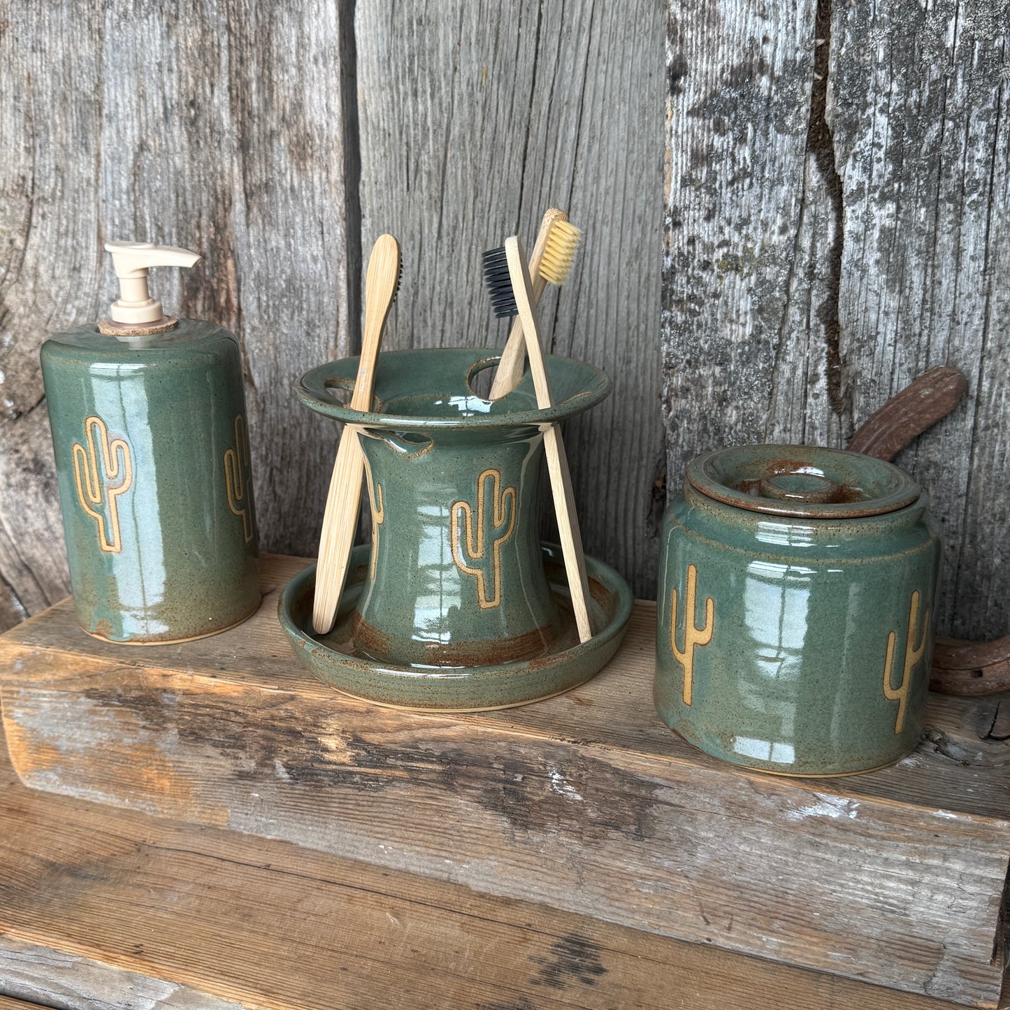 Bathroom Set of 3 - Soap Bottle, canister, and toothbrush holder - Sagebrush Cactus