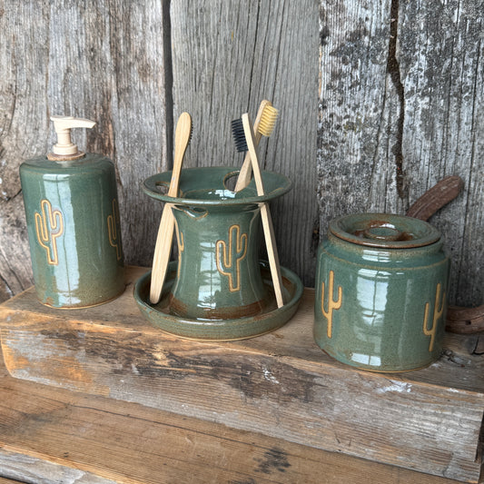 Bathroom Set of 3 - Soap Bottle, canister, and toothbrush holder - Sagebrush Cactus