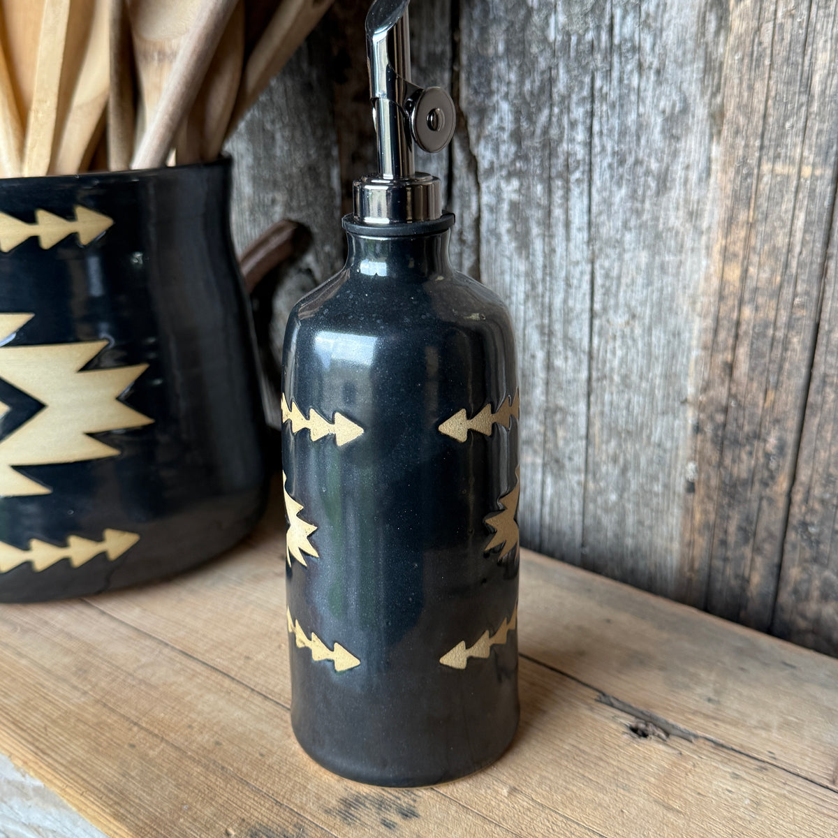 Kitchen Utensil Crock,and Oil Bottle - Gunmetal Southwestern